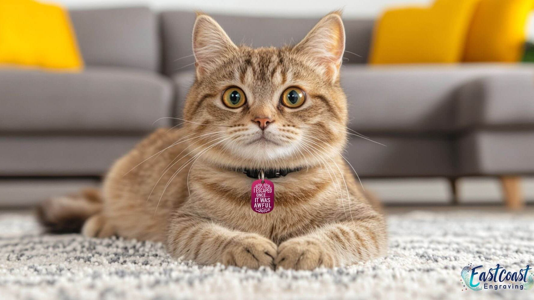 Funny cat ID tag with engraved text "I escaped once… it was awful" on a tabby cat wearing a black collar, lying on a carpet with a cozy living room background by Eastcoast Engraving