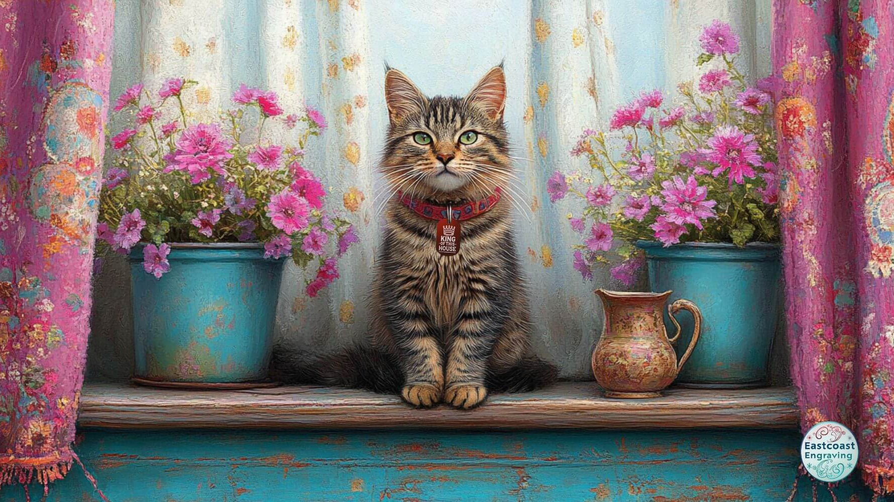 A regal tabby cat wearing a red collar with a funny engraved ID tag that reads "King of the House," sitting on a vintage windowsill surrounded by vibrant pink flowers and colorful curtains