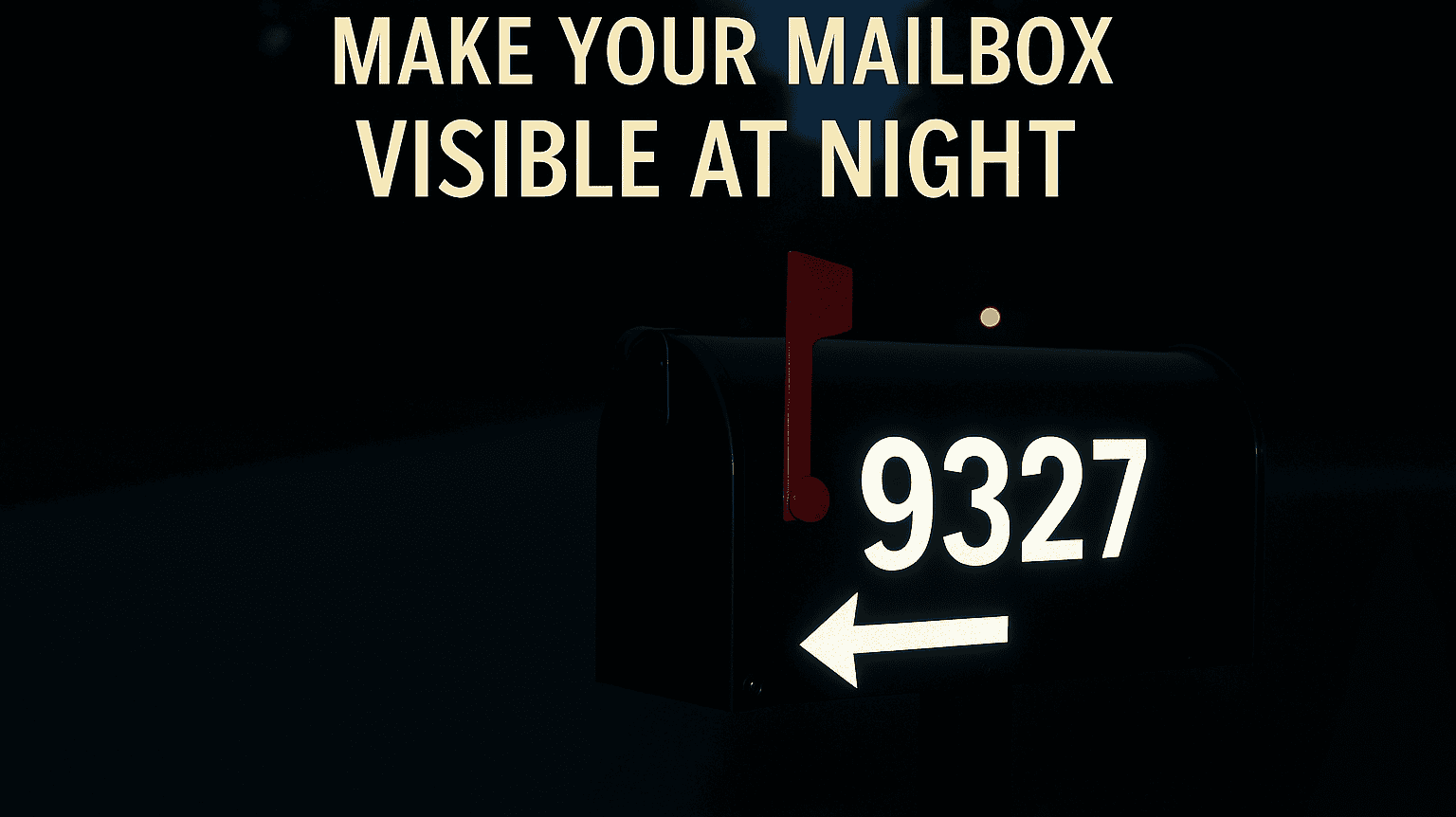 Reflective mailbox numbers and arrow decal glowing at night for visibility