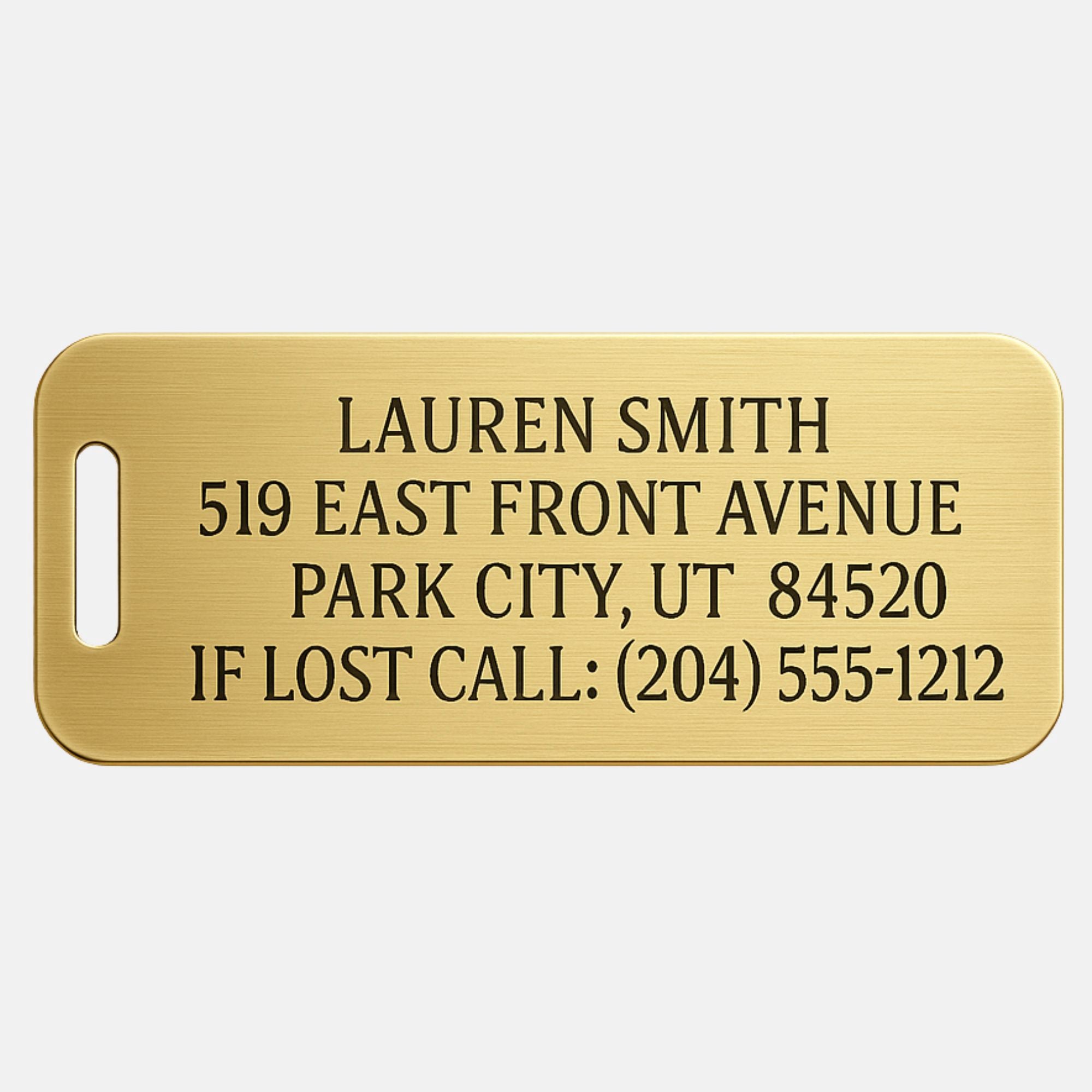 Custom brass luggage tags with engraved text for durability