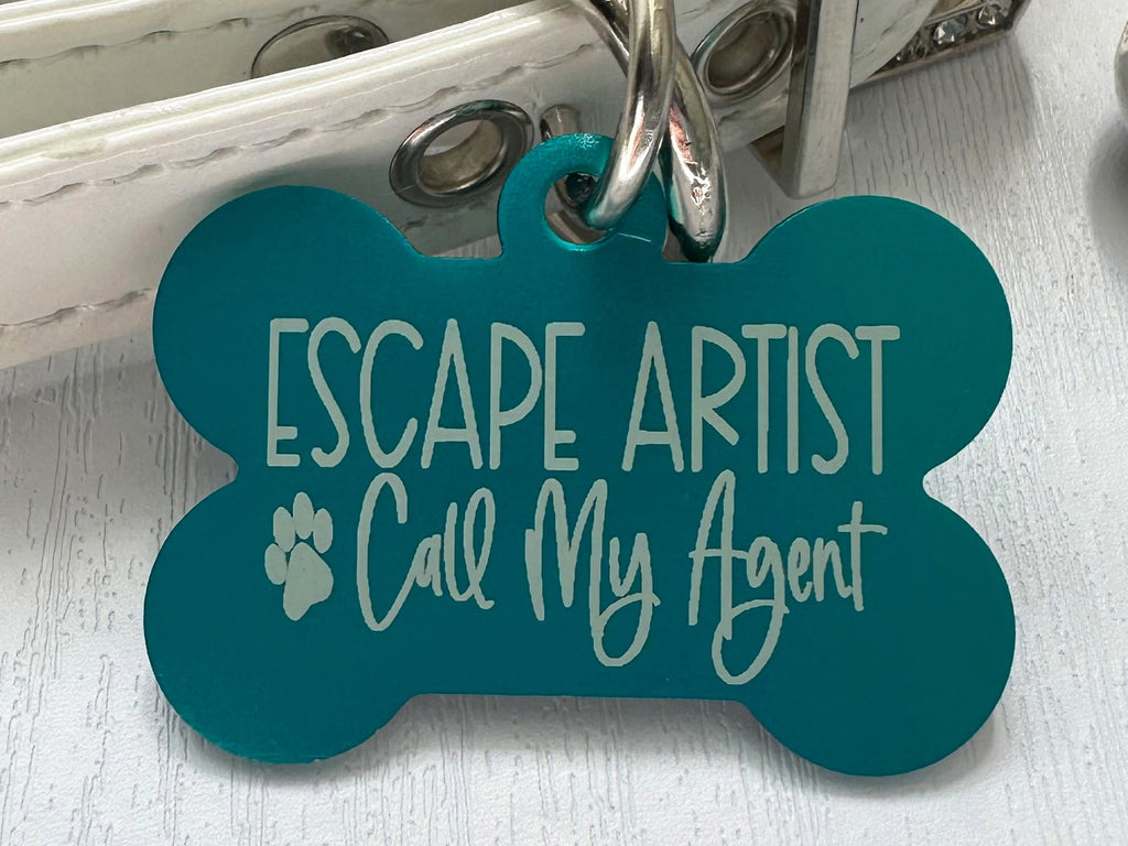 Escape artist, call my agent pet id tag in teal