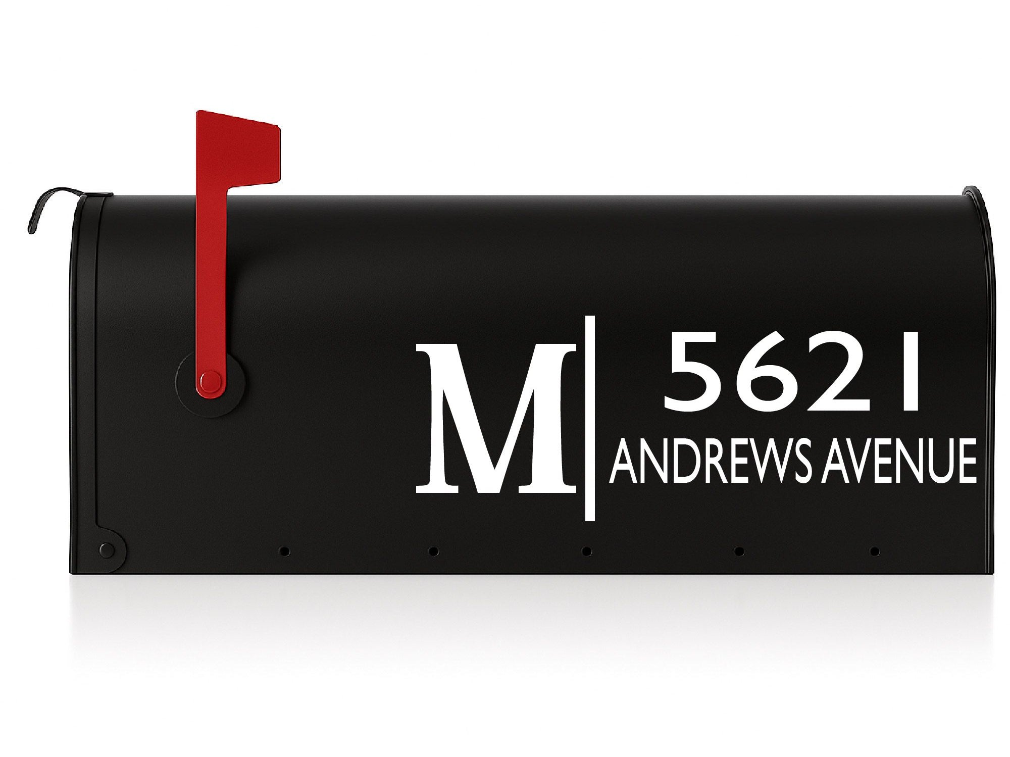 Custom white mailbox decal with family name and street address in modern font