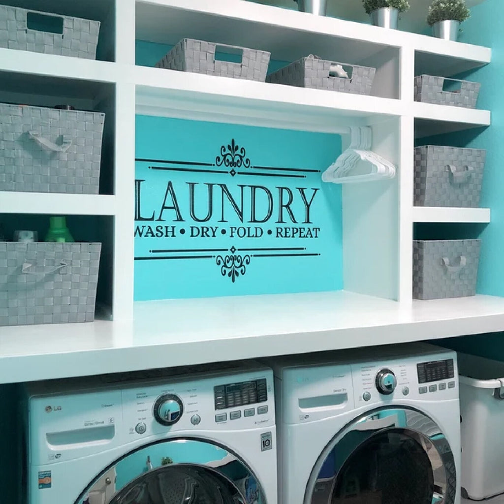 Stylish and elegant laundry room enhanced with our custom vinyl wall decal, adding a personalized touch to the space.