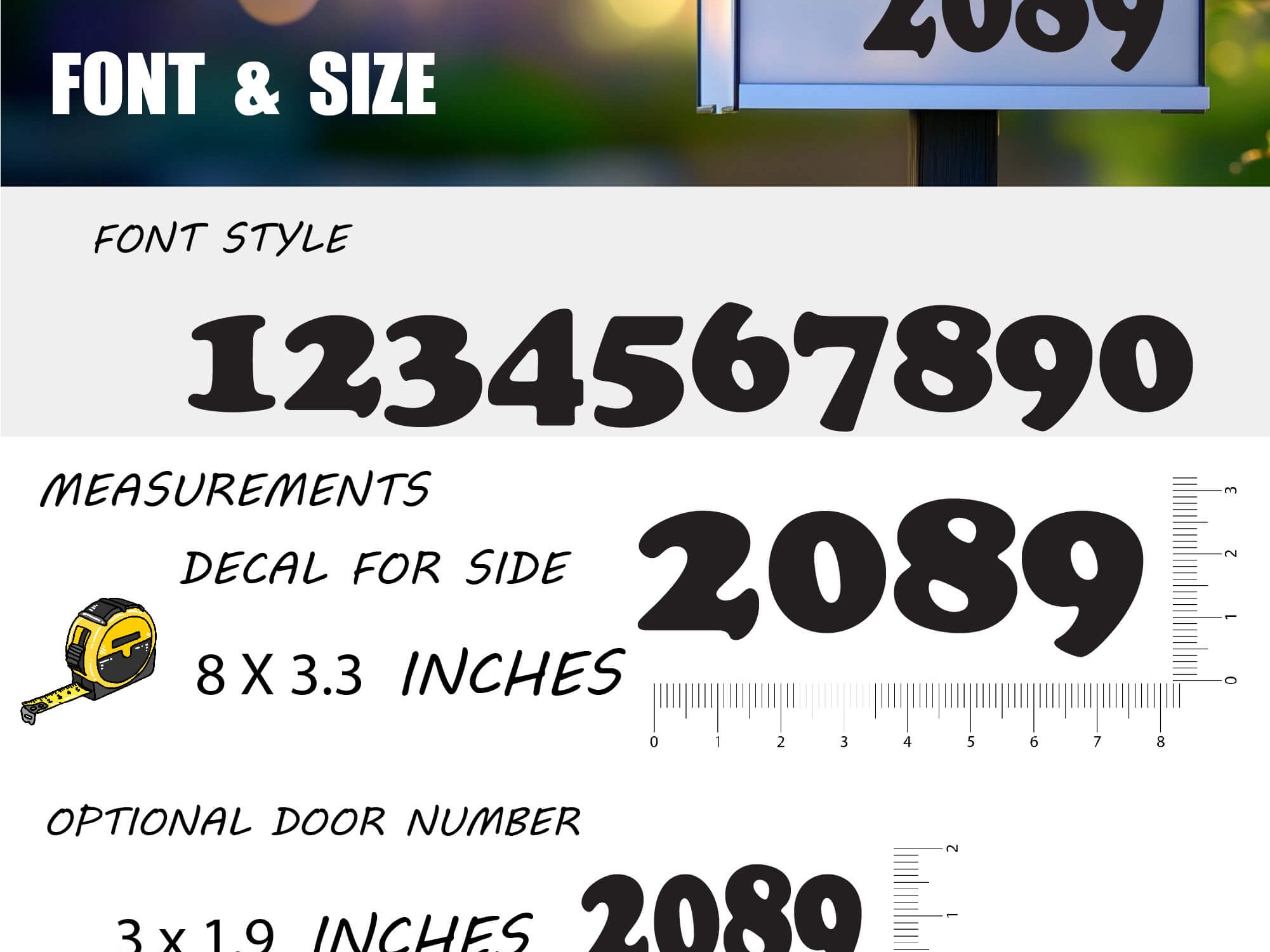 Mailbox number decal size and font chart showing example numbers “2089” with dimensions 8x3 inches and 3.2x1.9 inches