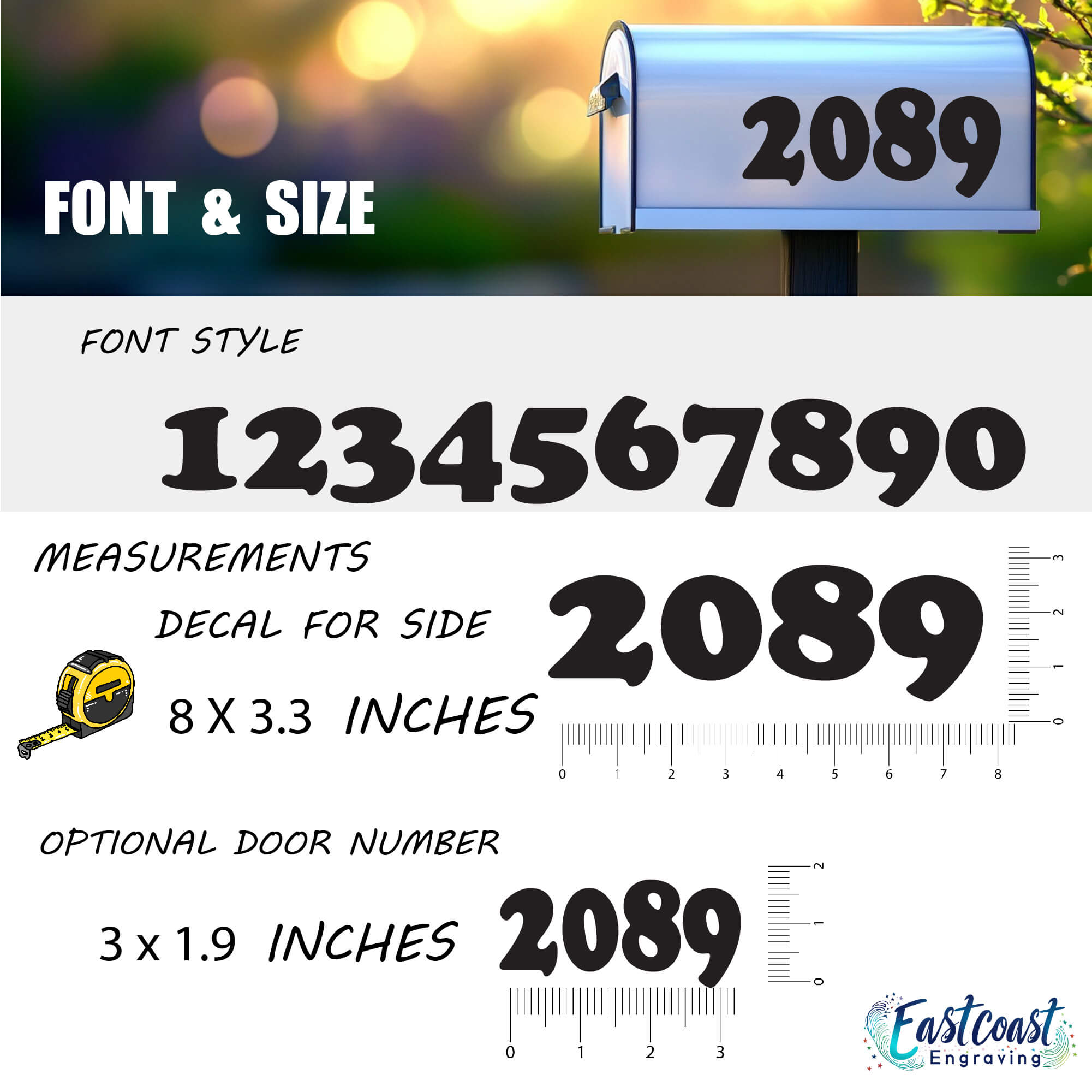 Mailbox number decal size and font chart showing example numbers “2089” with dimensions 8x3 inches and 3.2x1.9 inches
