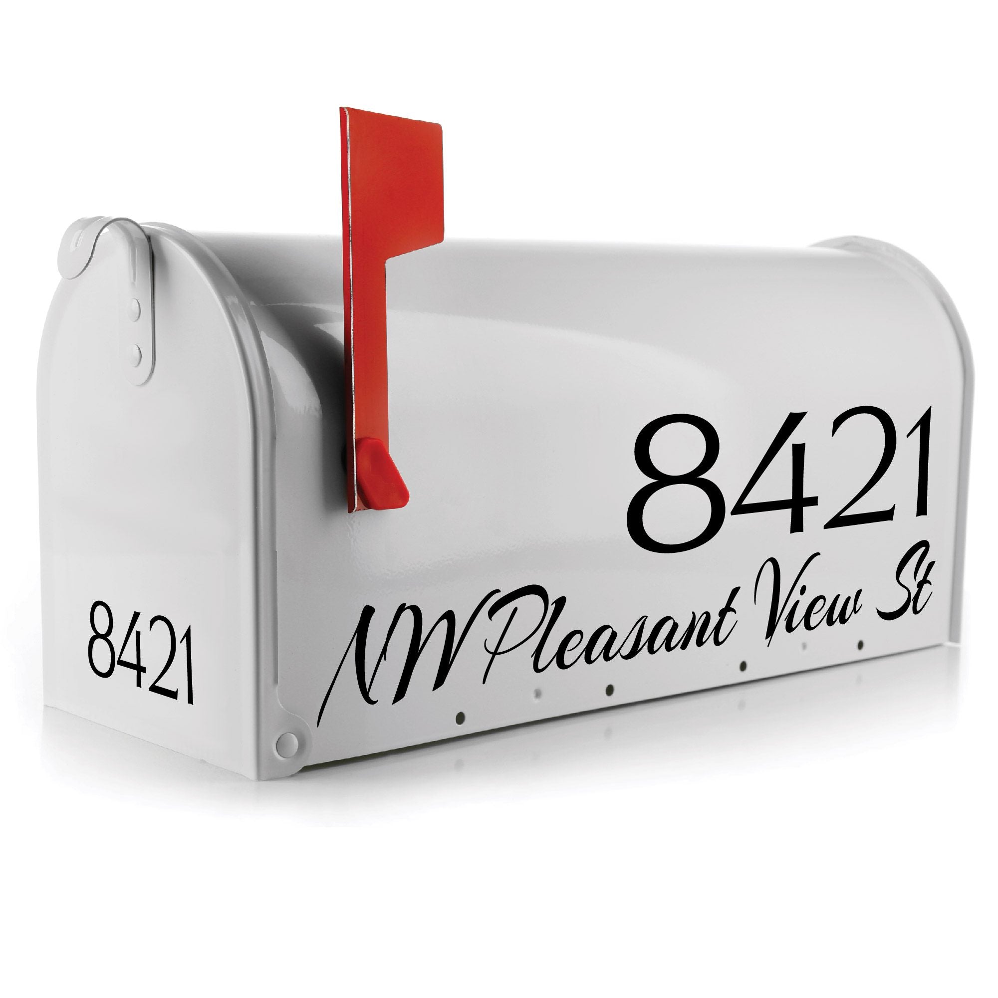 Personalized address decal on white mailbox with street name and number
