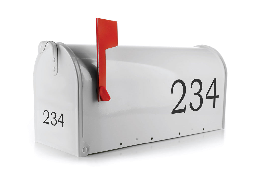 White mailbox with red flag and black reflective number 234 decals