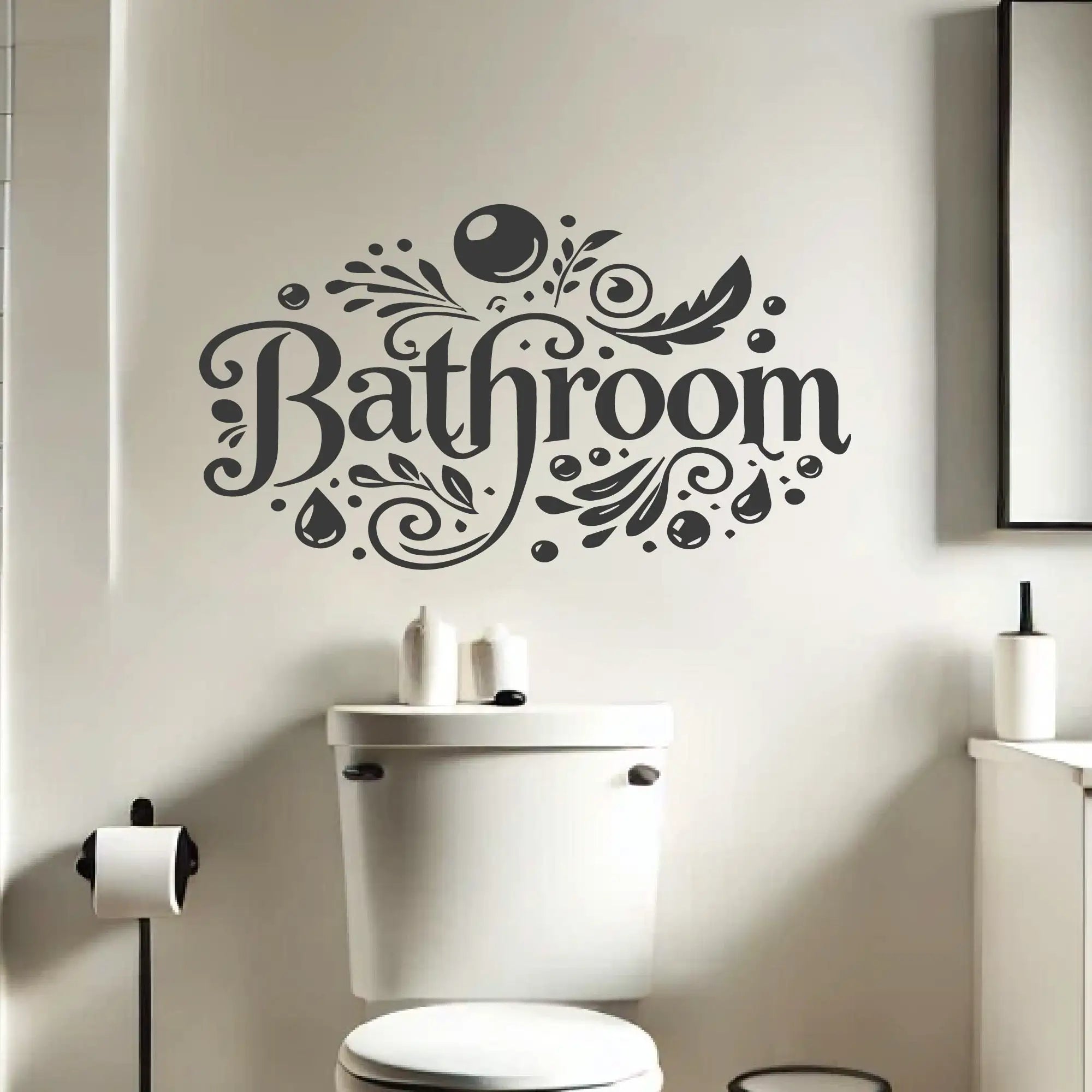 Bathroom wall decal with bubble accents shown in bright modern bathroom
