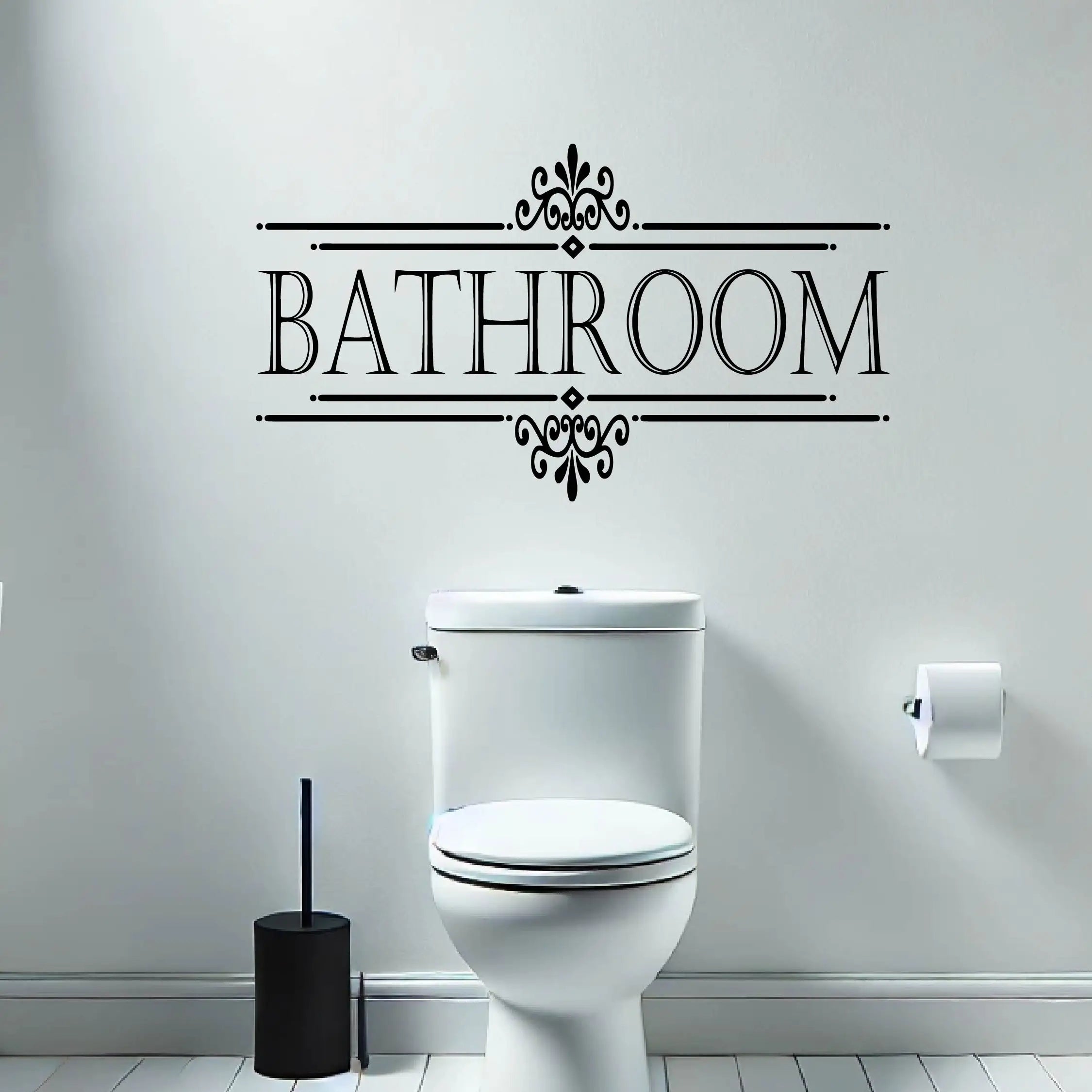 Modern bathroom vinyl wall decal on wall above toilet