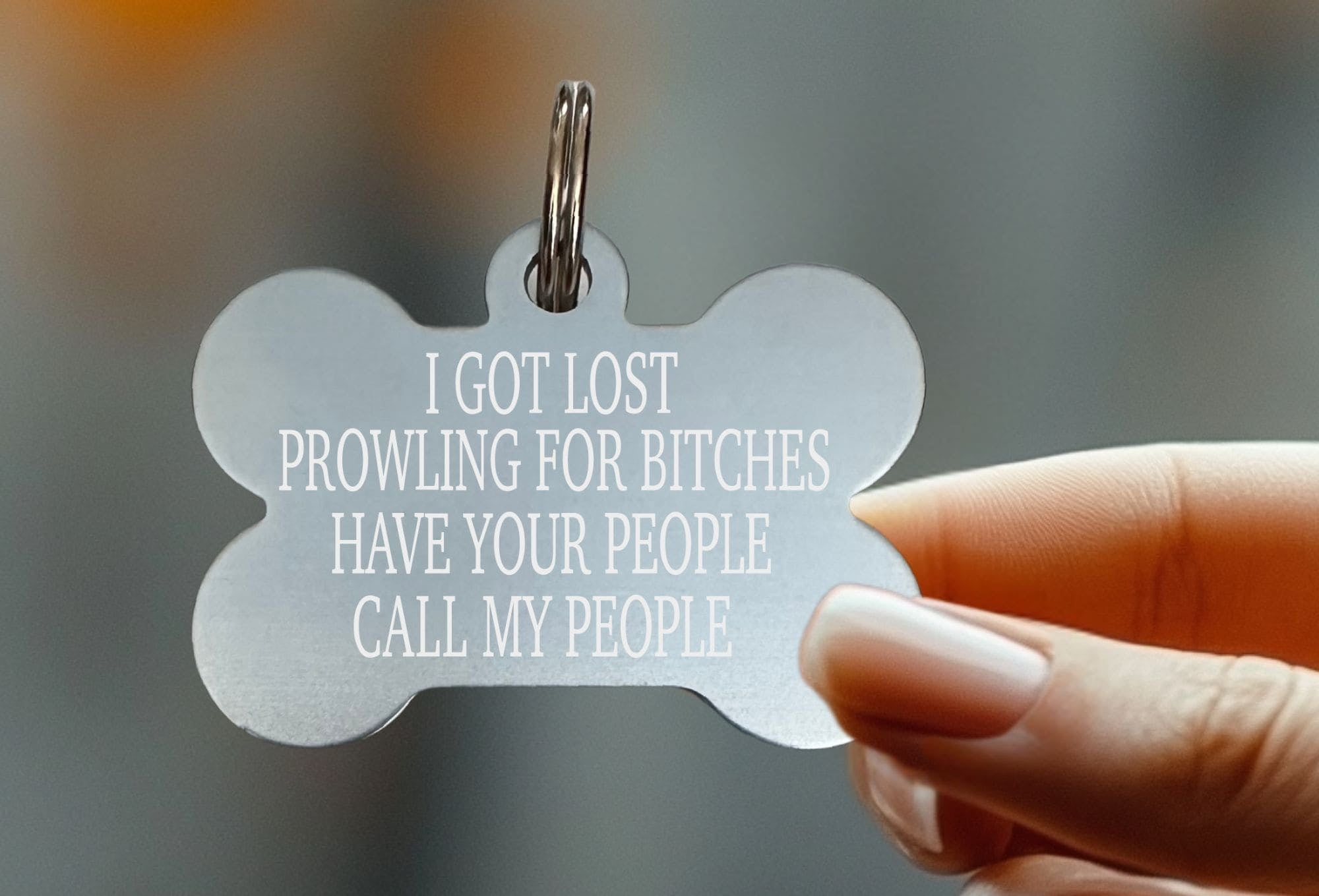 Funny engraved pet ID tag with "Prowling for Bitches" design