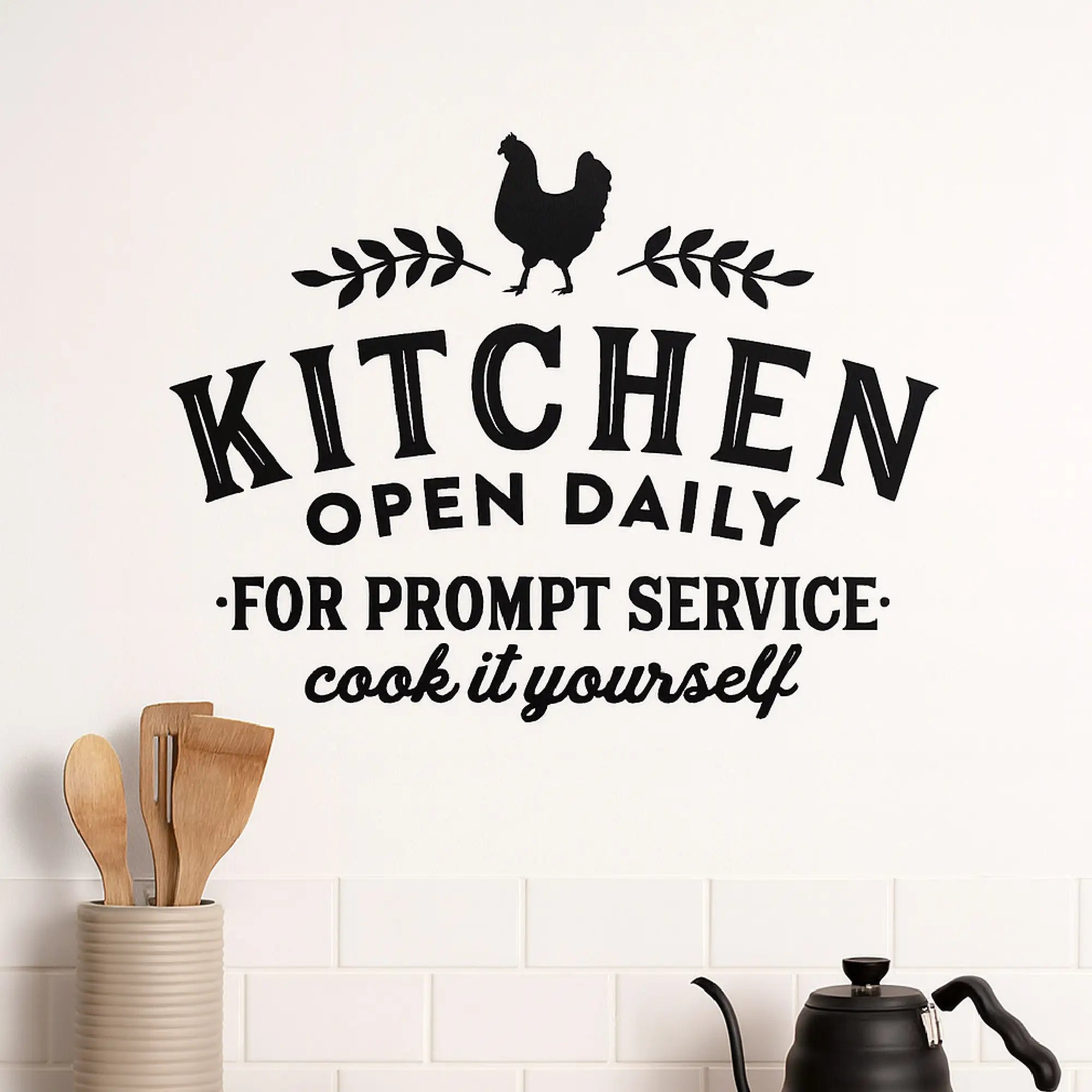 Kitchen Open Daily vinyl wall decal installed above kitchen counter with utensils