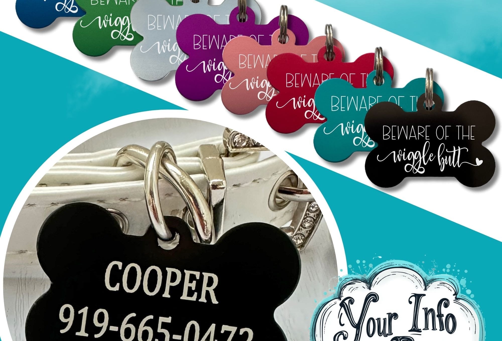 Custom engraved pet name tag - Wiggle Butt design in teal by Eastcoast Engraving