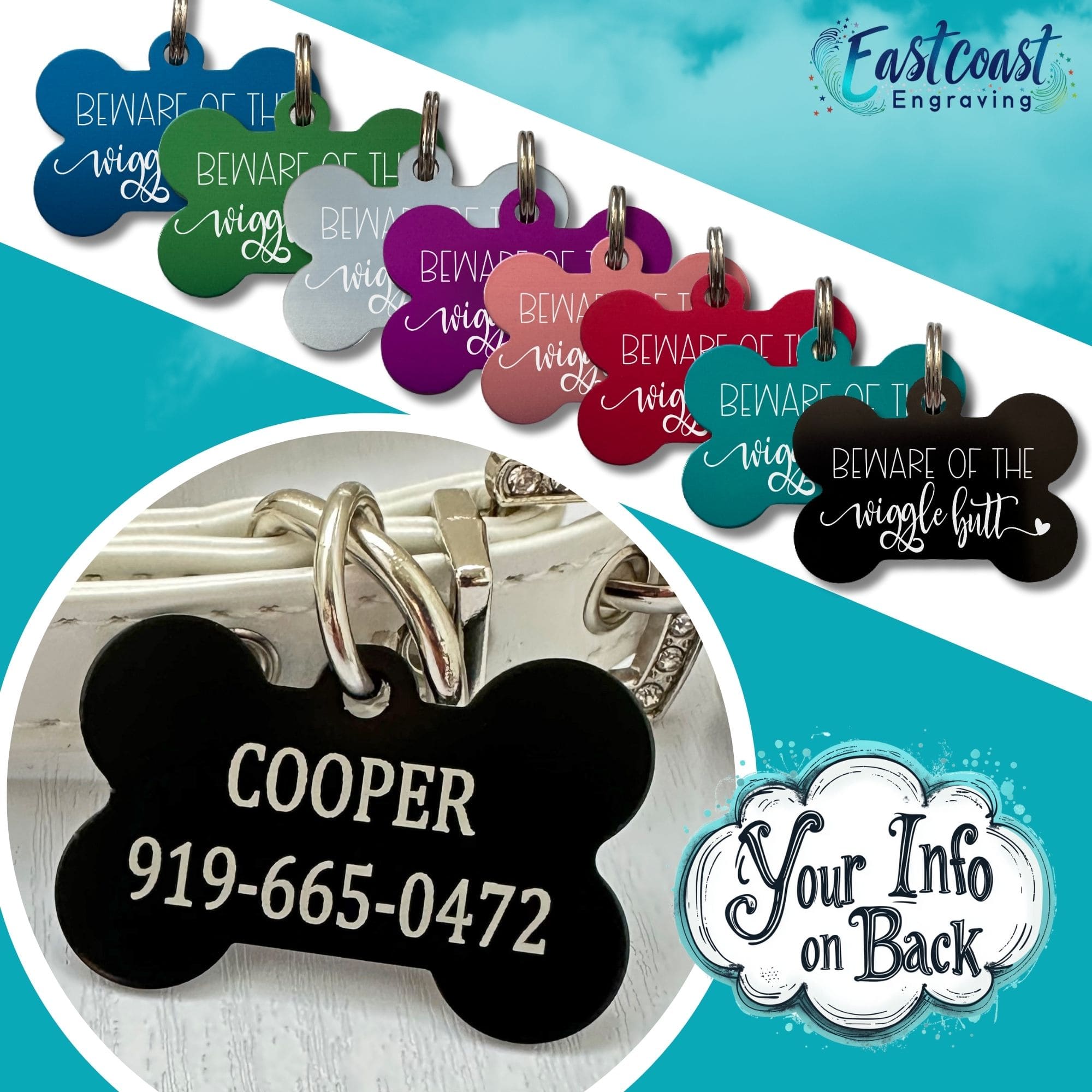 Custom engraved pet name tag - Wiggle Butt design in teal by Eastcoast Engraving