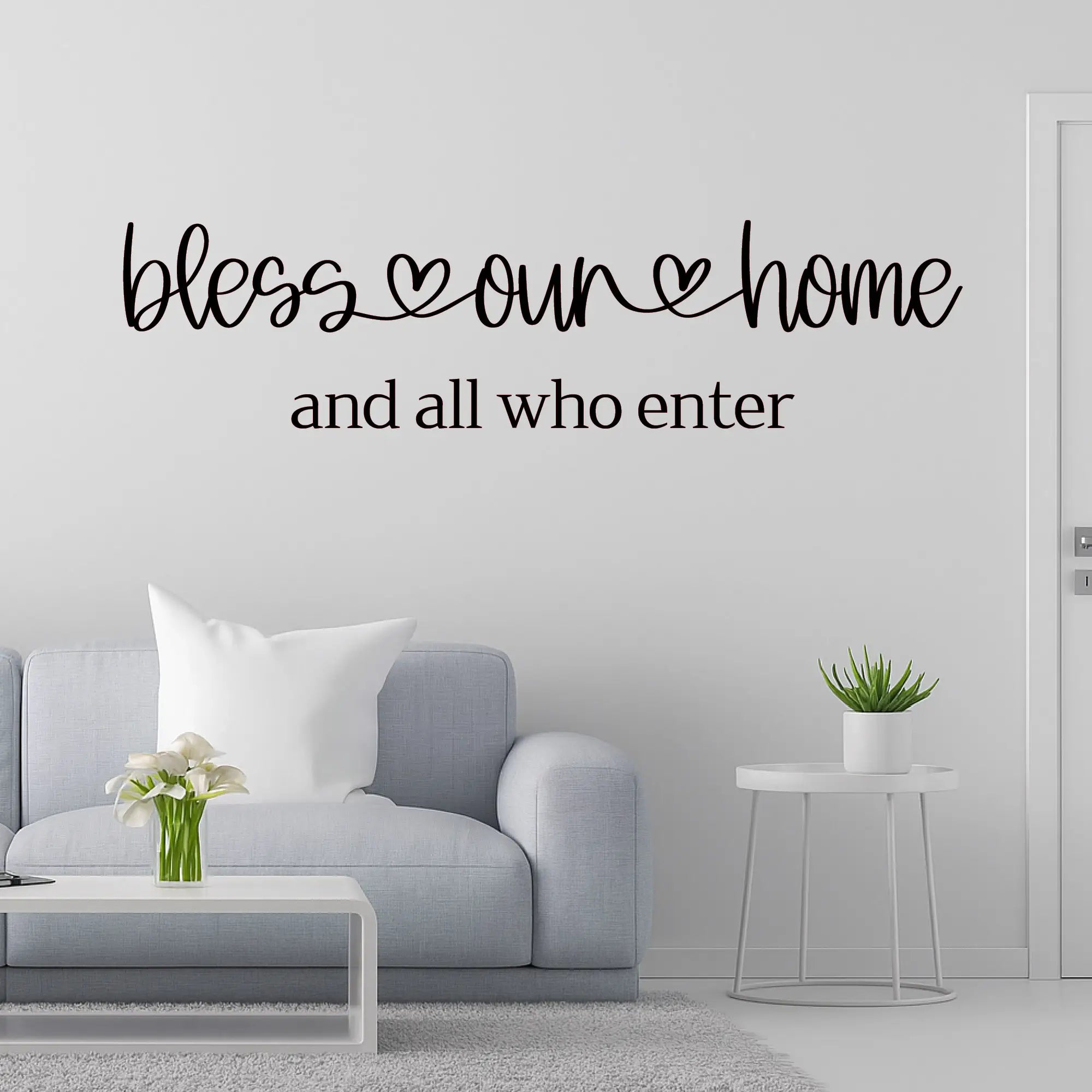 Bless Our Home vinyl wall decal displayed in living room decor