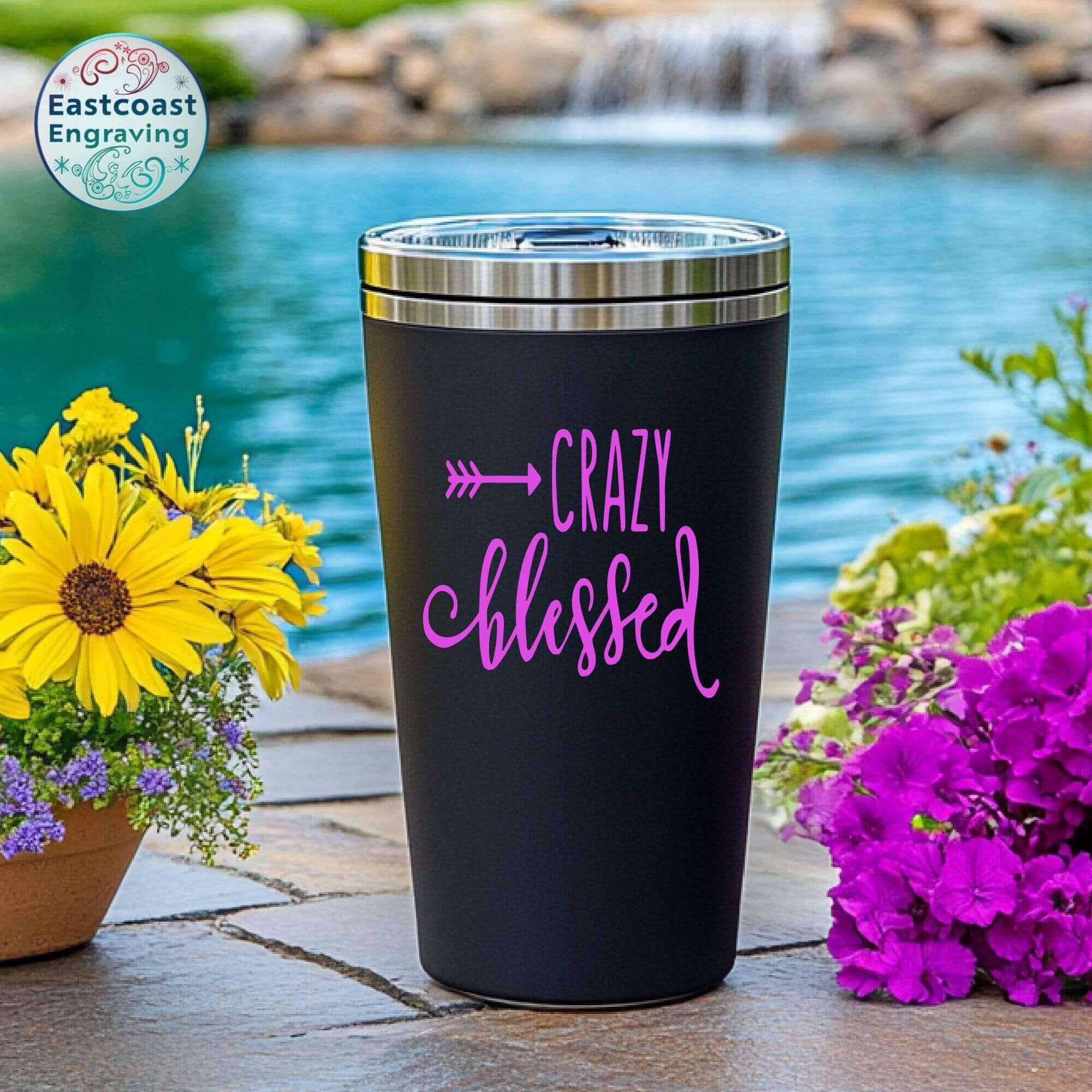 Inspirational vinyl sticker on a white coffee mug – perfect for home and office decor by East Coast Engraving