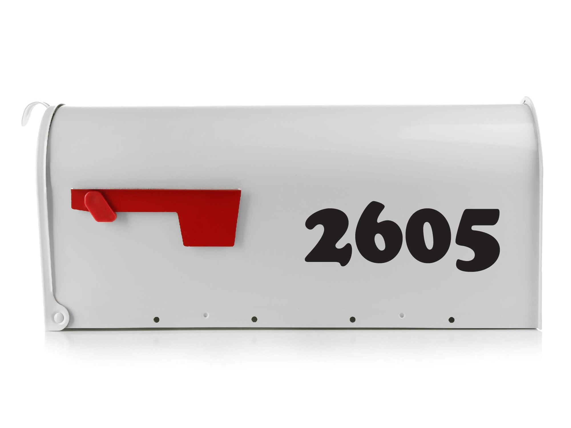 White mailbox with red flag and bold black vinyl address numbers “2605” on the front door