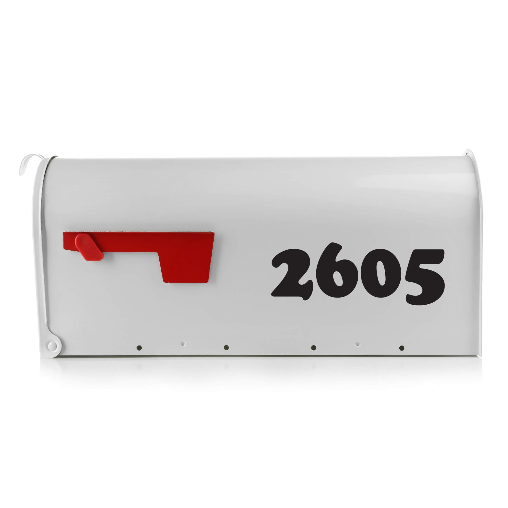 White mailbox with red flag and bold black vinyl address numbers “2605” on the front door