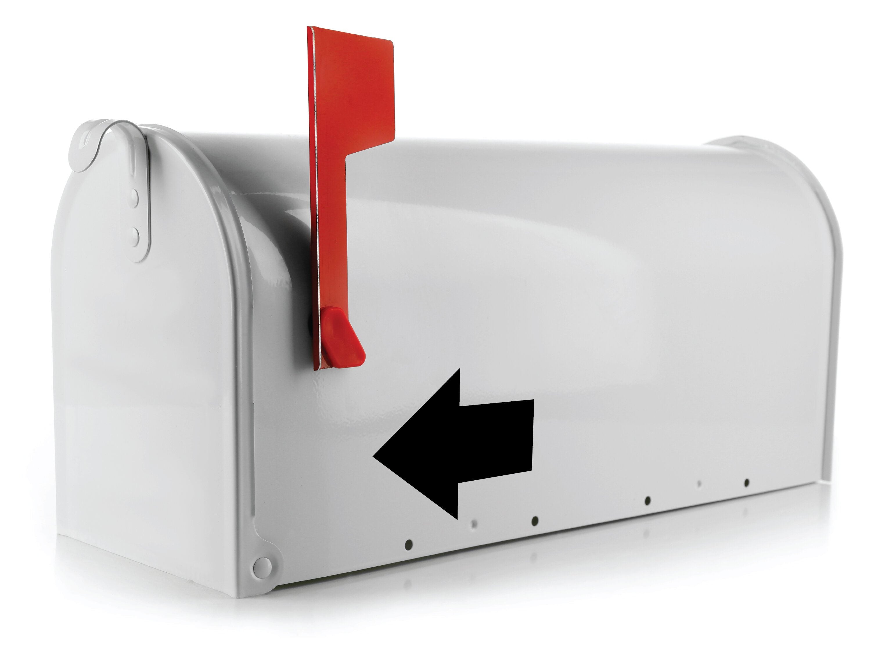 Bold wide mailbox arrow sticker on mailbox front panel for added visibility