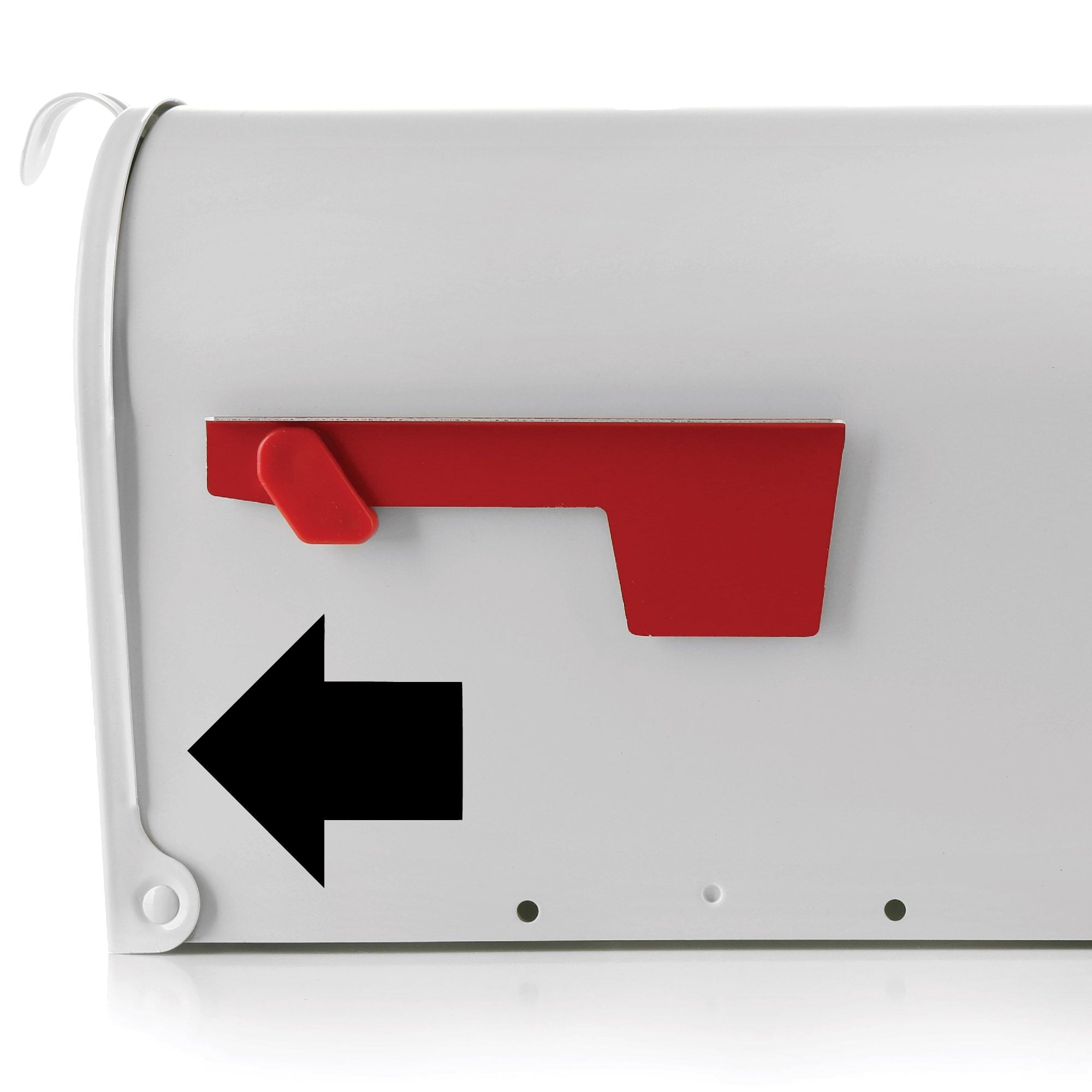 Bold wide mailbox arrow decal in black vinyl applied to the side of a white mailbox