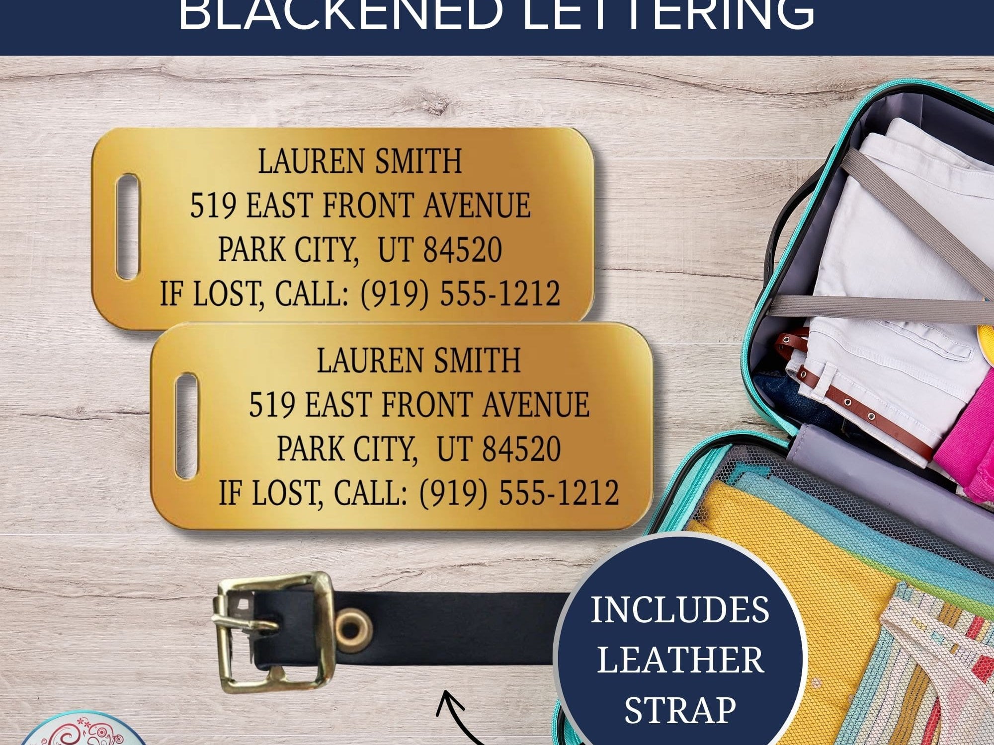 Durable brass nameplate luggage tag with custom text engraving.