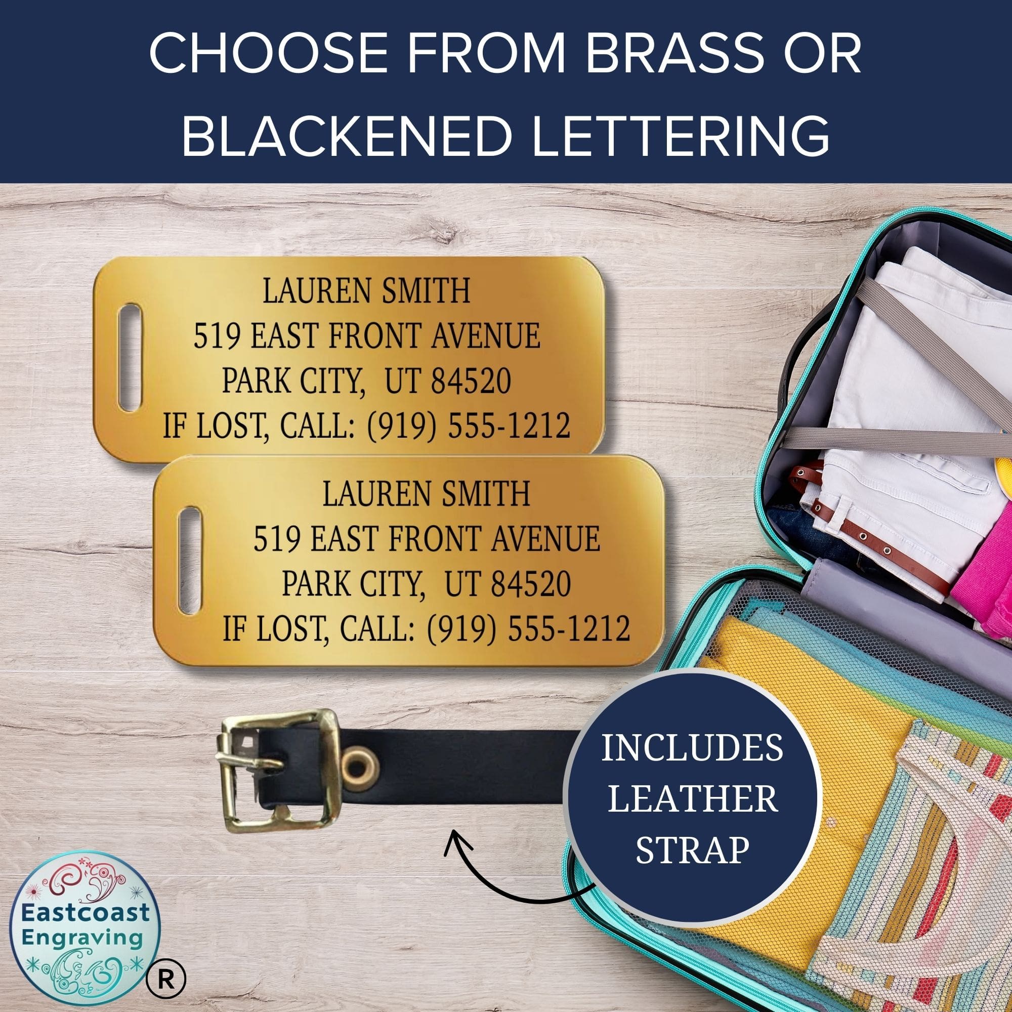 Durable brass nameplate luggage tag with custom text engraving.