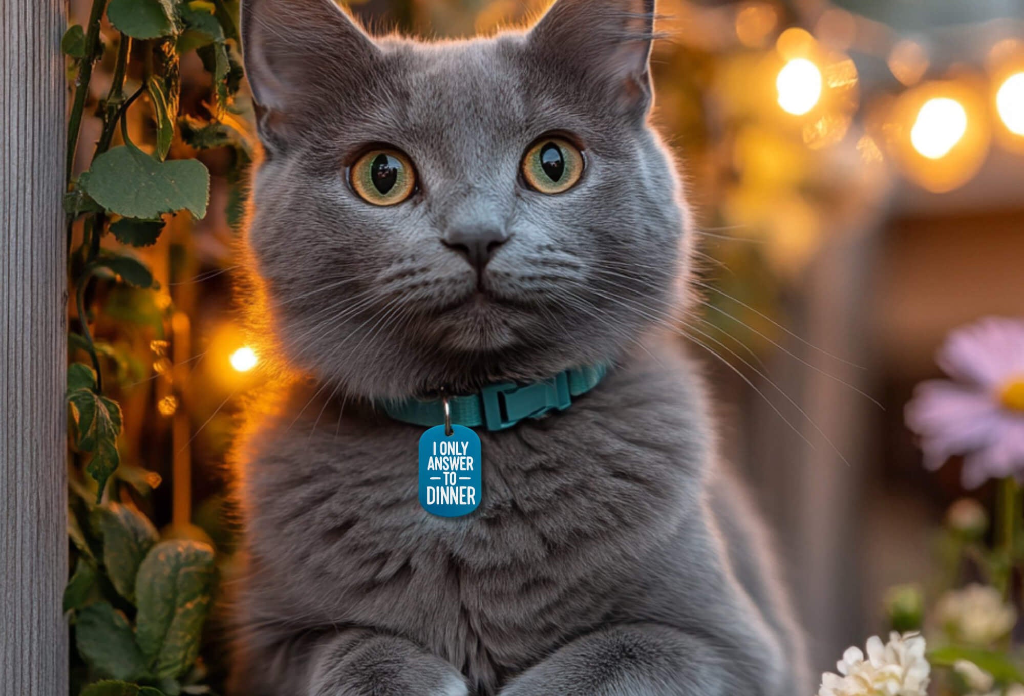 Cat collar tags personalized engraved ID tag in teal worn by cat
