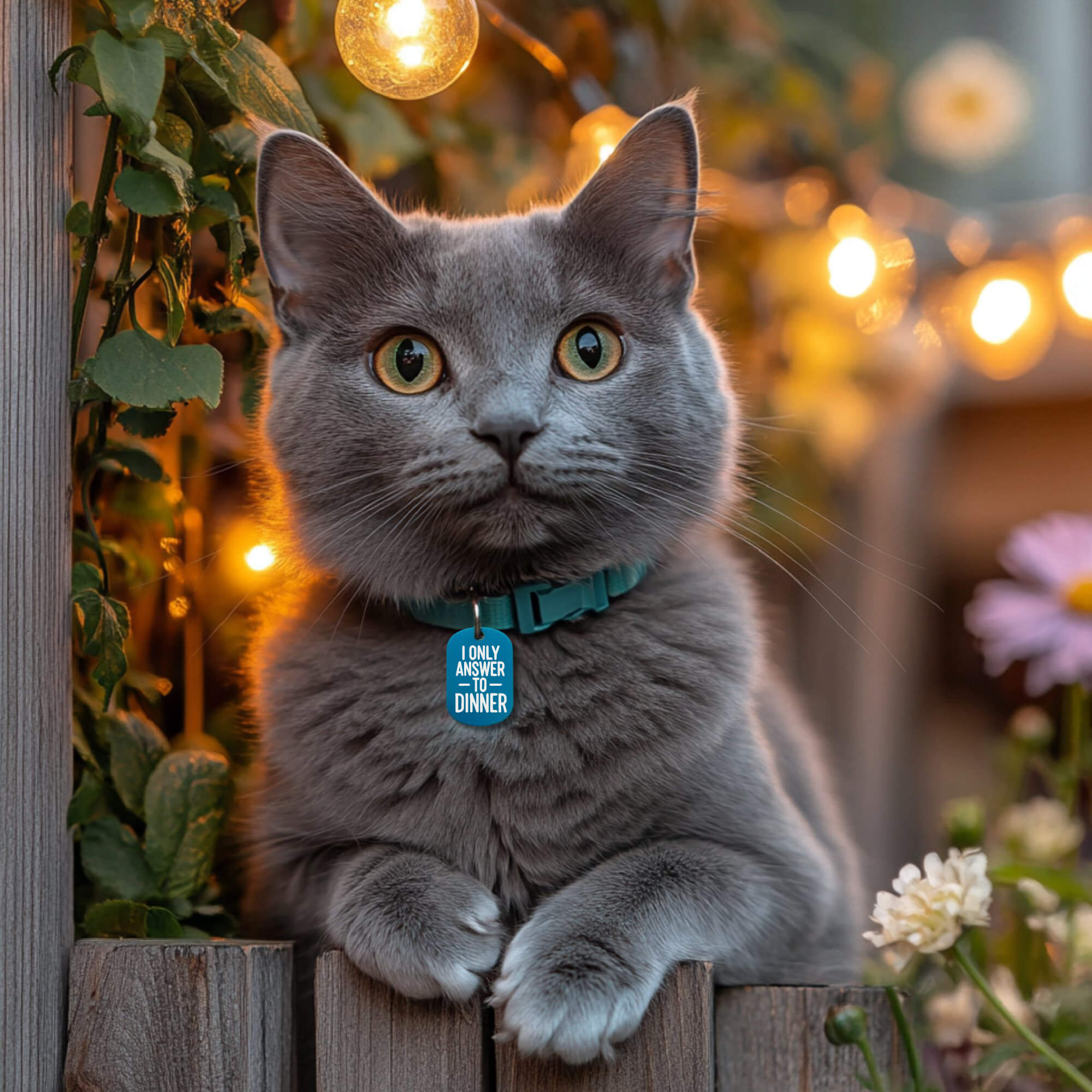 Cat collar tags personalized engraved ID tag in teal worn by cat