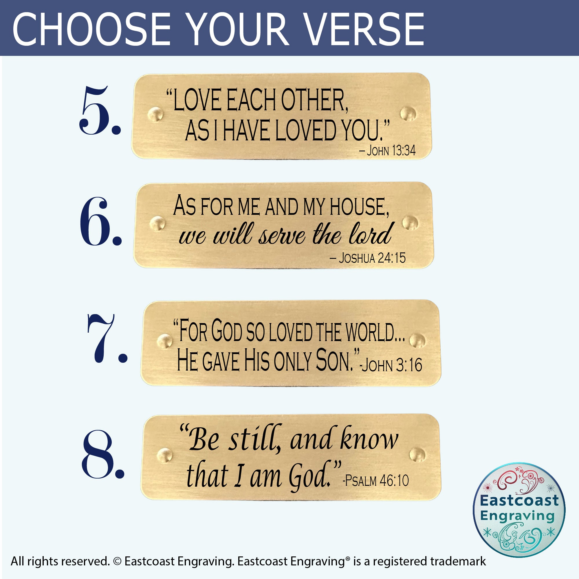 Custom engraved scripture tags with various Bible verses, perfect for Christian gifts