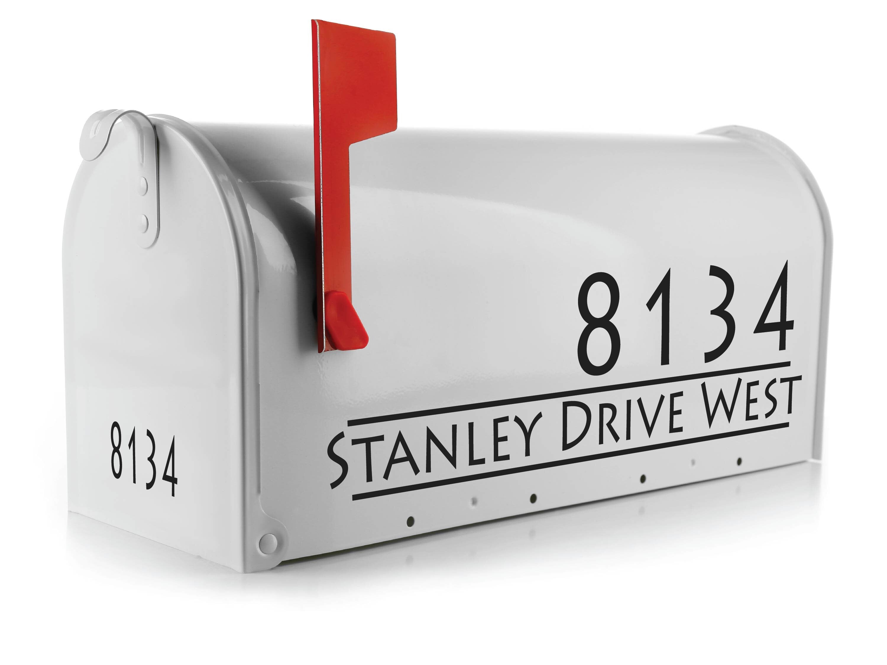mailbox sticker with address line and number in block font