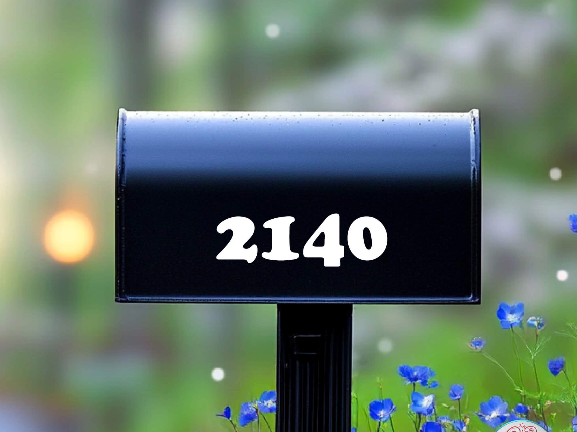 Black mailbox with bold white vinyl numbers “2140” and blue wildflowers in the background
