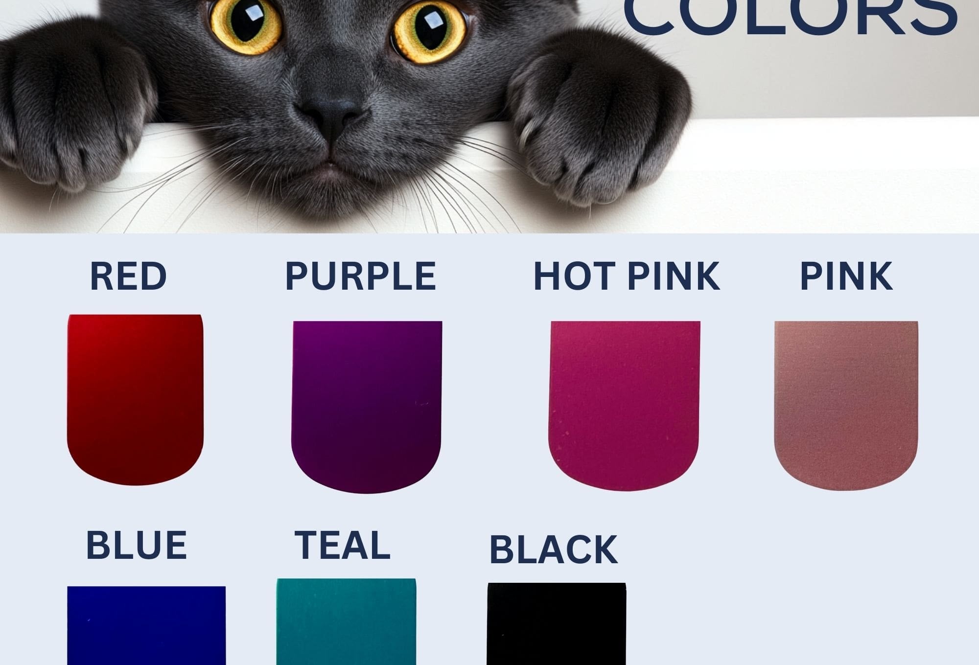 Custom cat collar tags color chart – engraved pet tags in red, purple, hot pink, pink, blue, teal, black