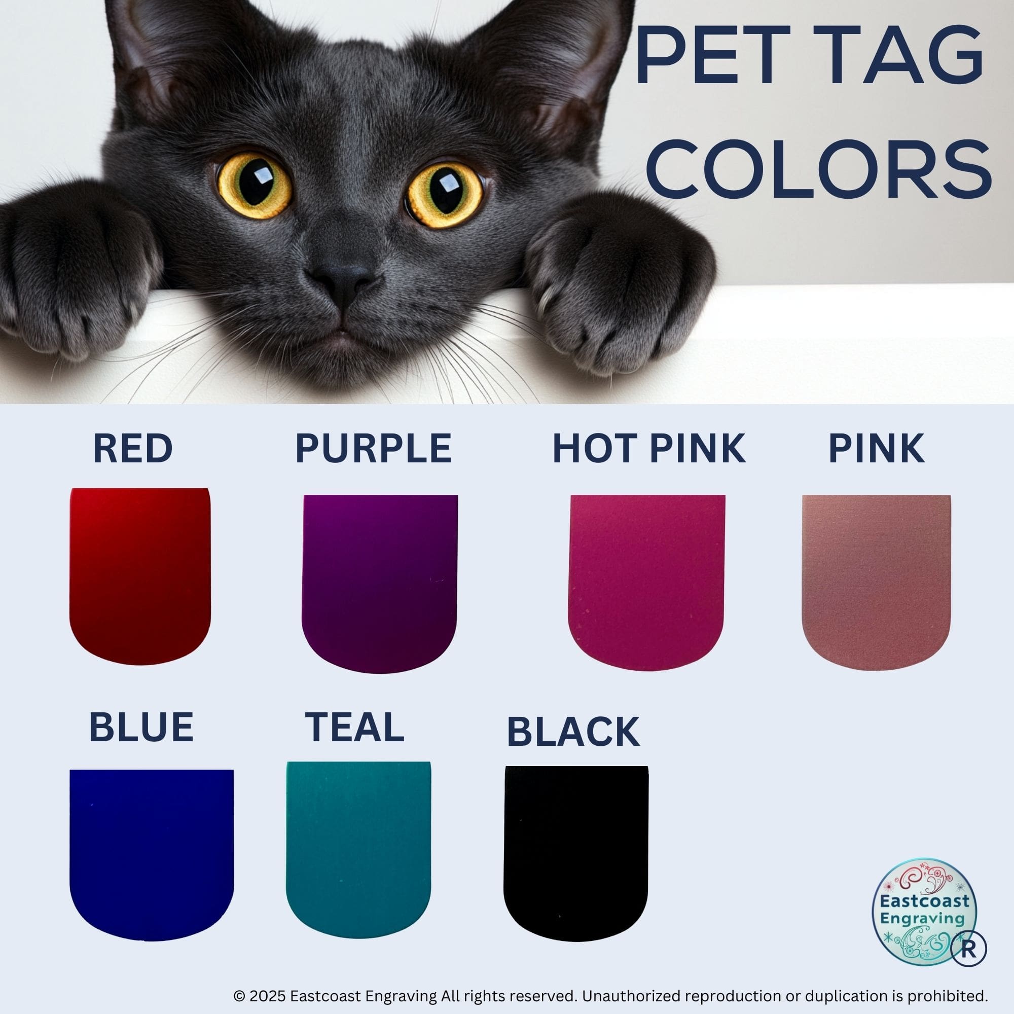 Custom cat collar tags color chart – engraved pet tags in red, purple, hot pink, pink, blue, teal, black