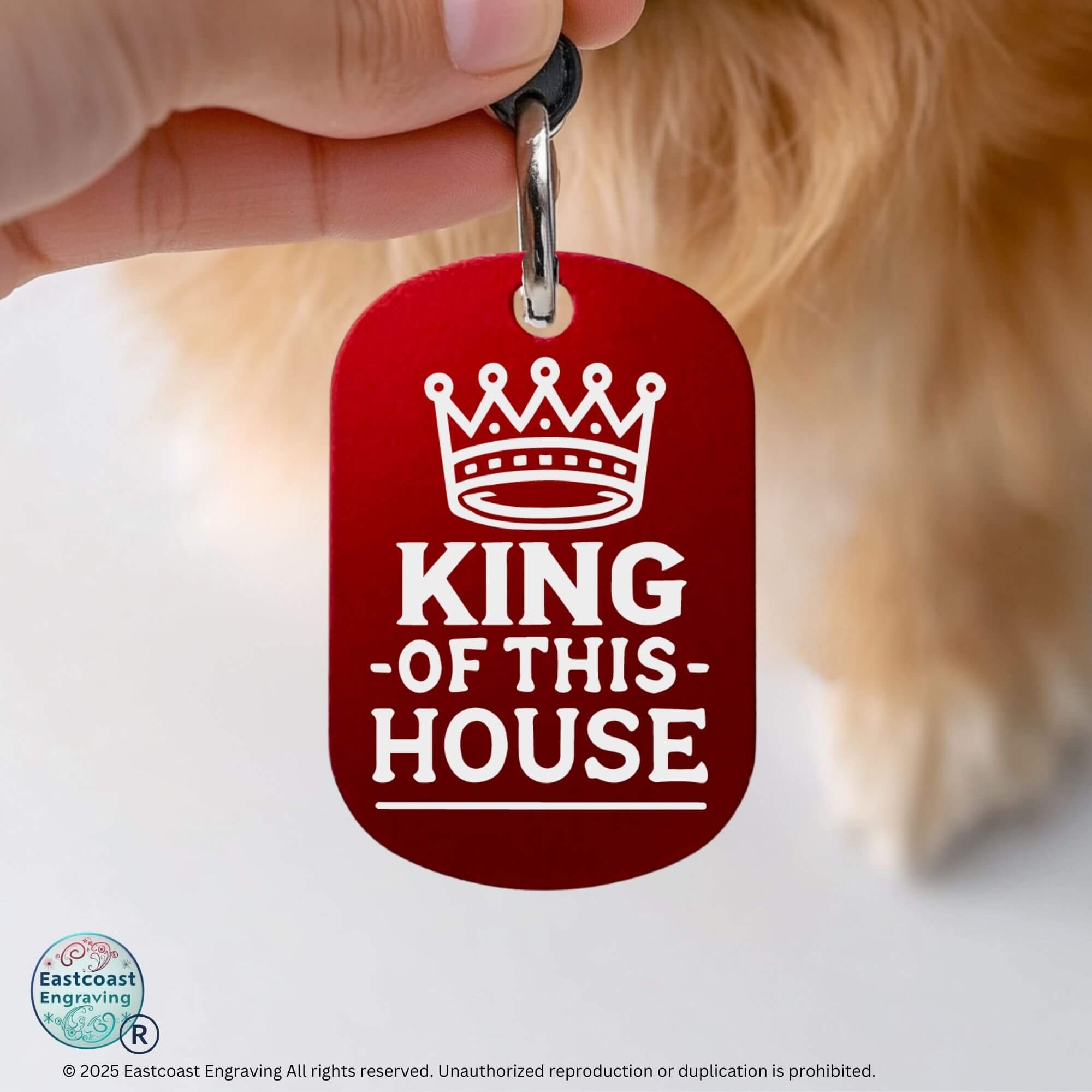Custom cat collar tags - King of This House durable engraved pet name tag in red
