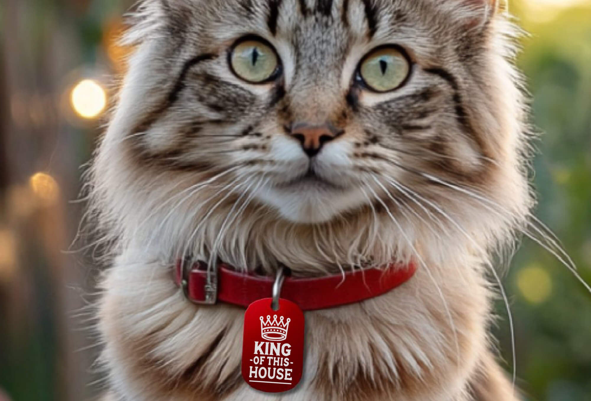 Custom cat collar tags - King of This House design, engraved personalized cat ID tag in red on cat