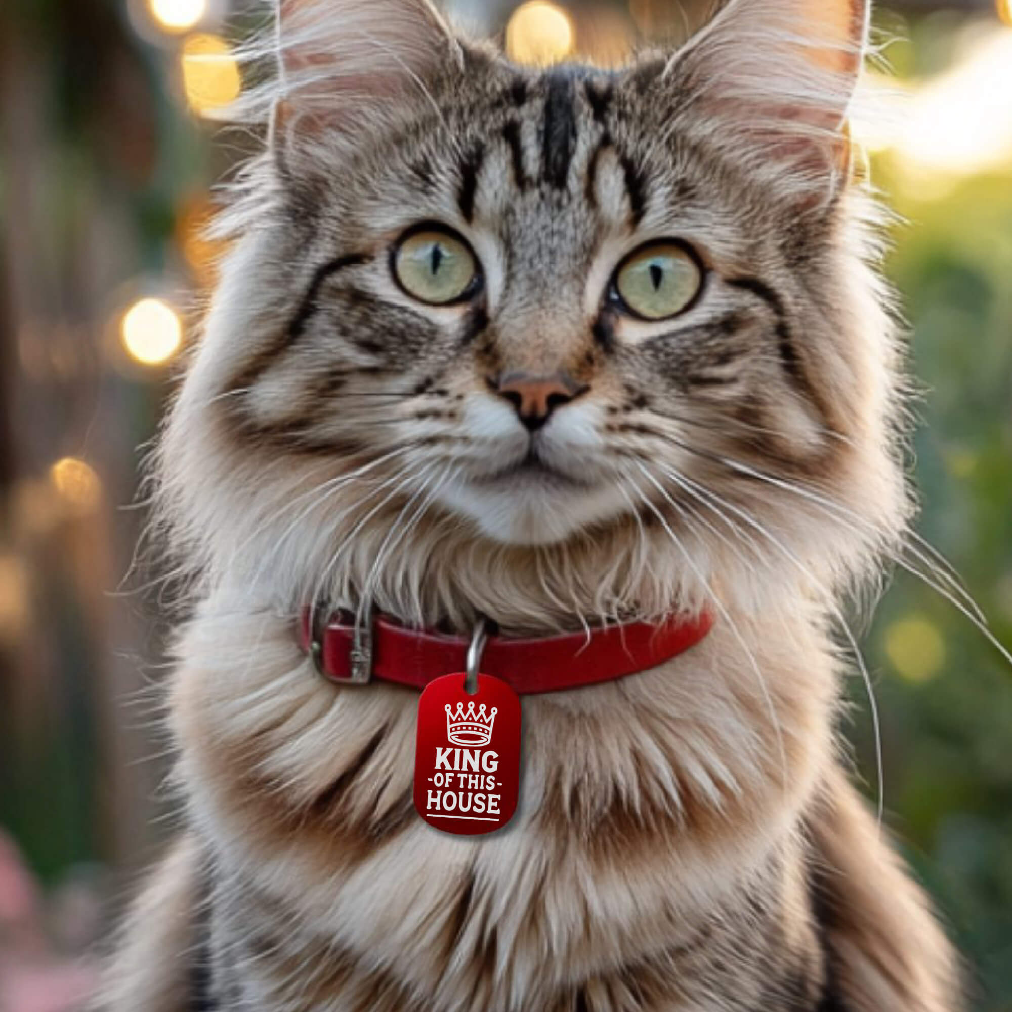 Custom cat collar tags - King of This House design, engraved personalized cat ID tag in red on cat