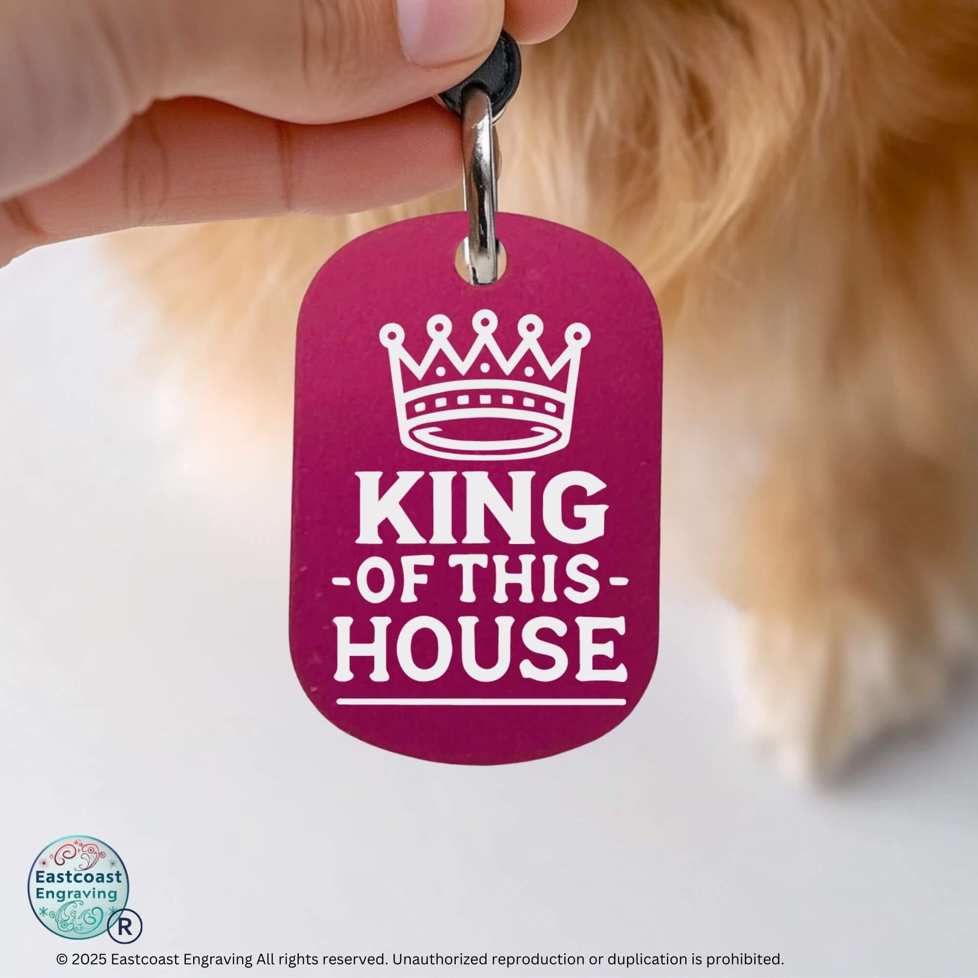 Custom cat collar tags - King of This House funny engraved pet ID tag in hot pink