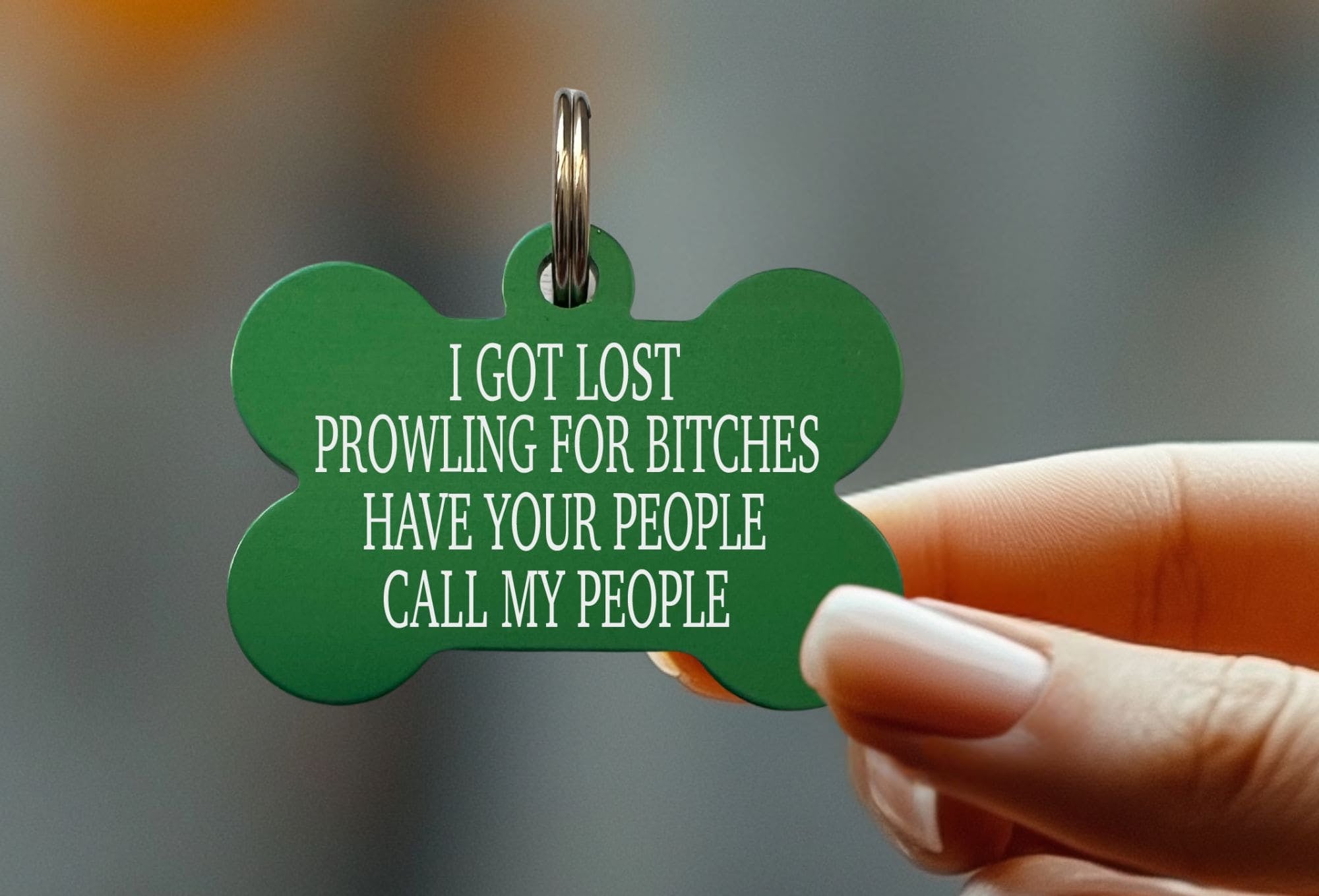 Custom dog collar tag with humorous "Prowling for Bitches" engraving