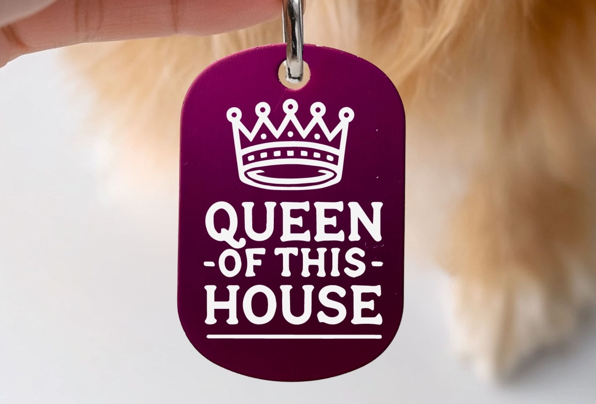 Custom engraved cat tag - Queen of This House design, durable and stylish pet ID tag in purple