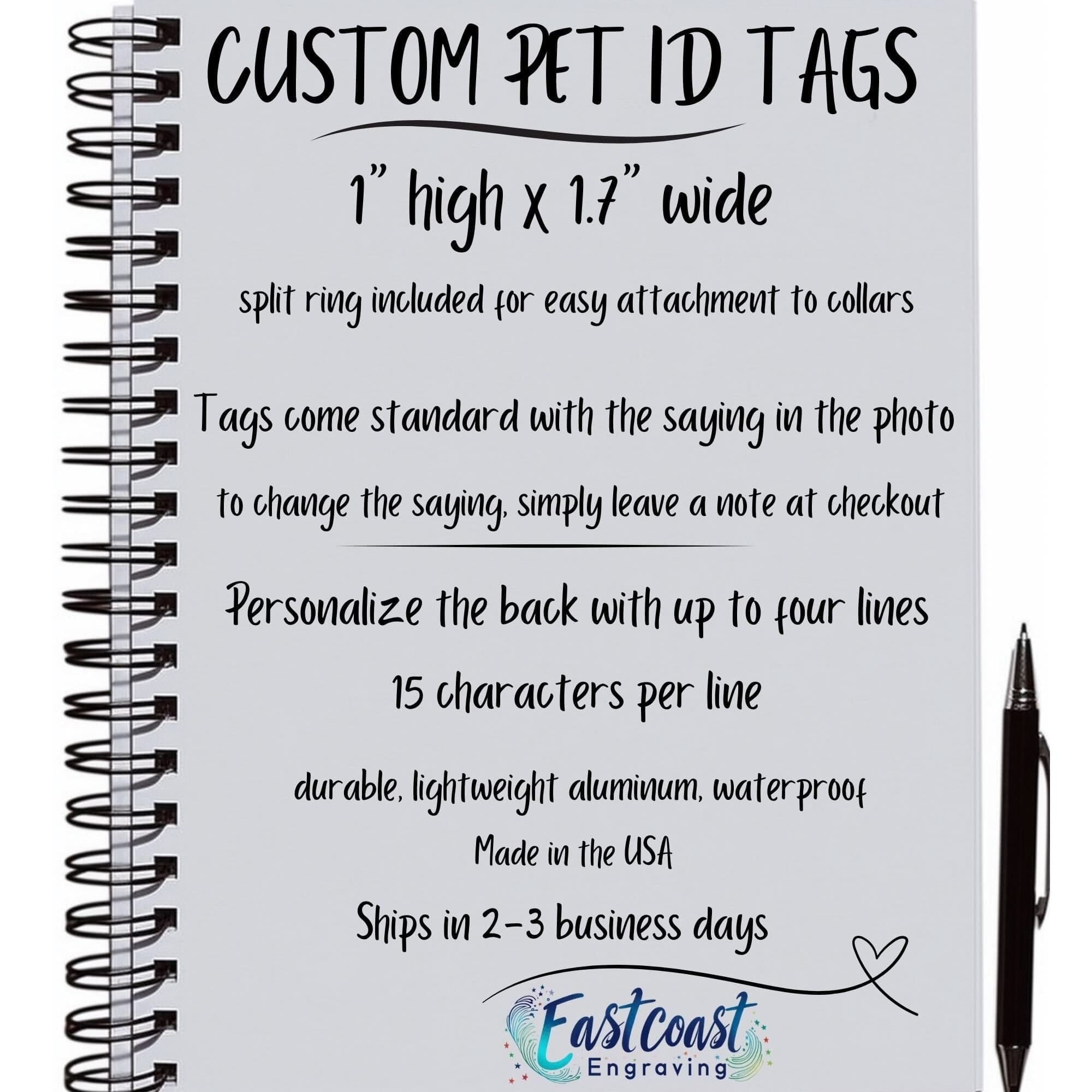 Engraved dog tag in blue with "Wiggle Butt" text, by Eastcoast Engraving.