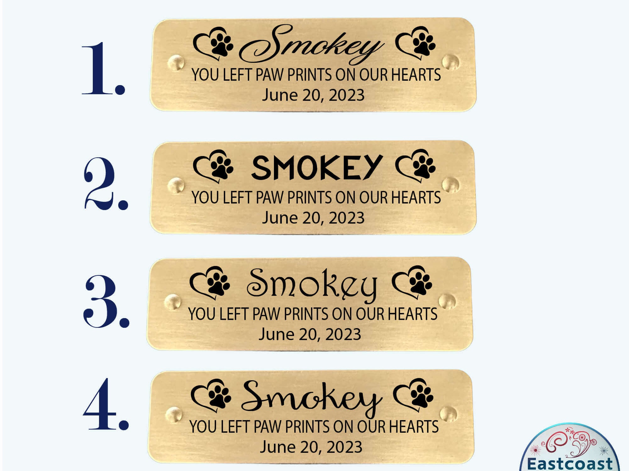 Dog and cat memorial plaque with engraved customization, made from durable brass or silver.