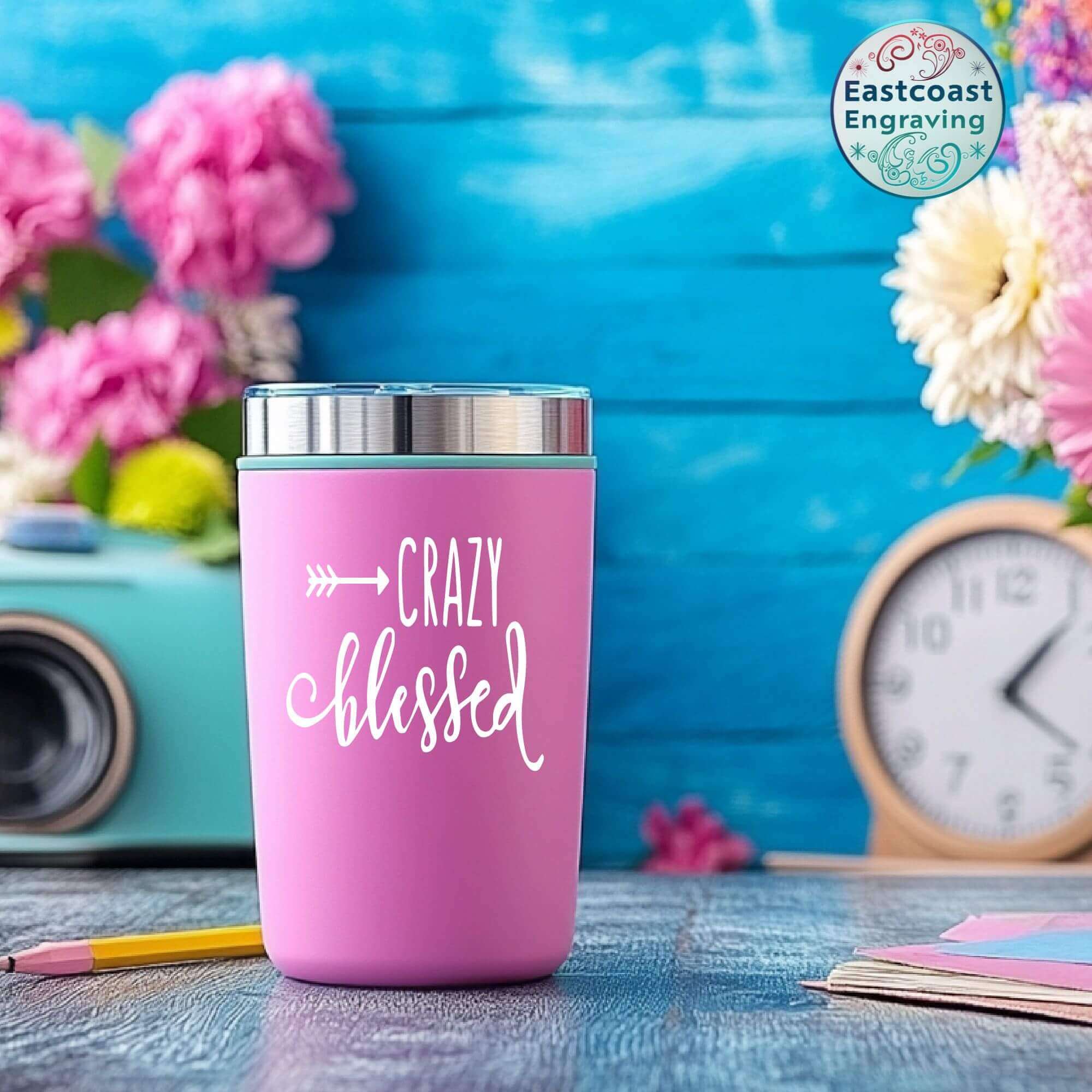 Custom faith-based sticker on a tumbler – great for coffee lovers and daily motivation