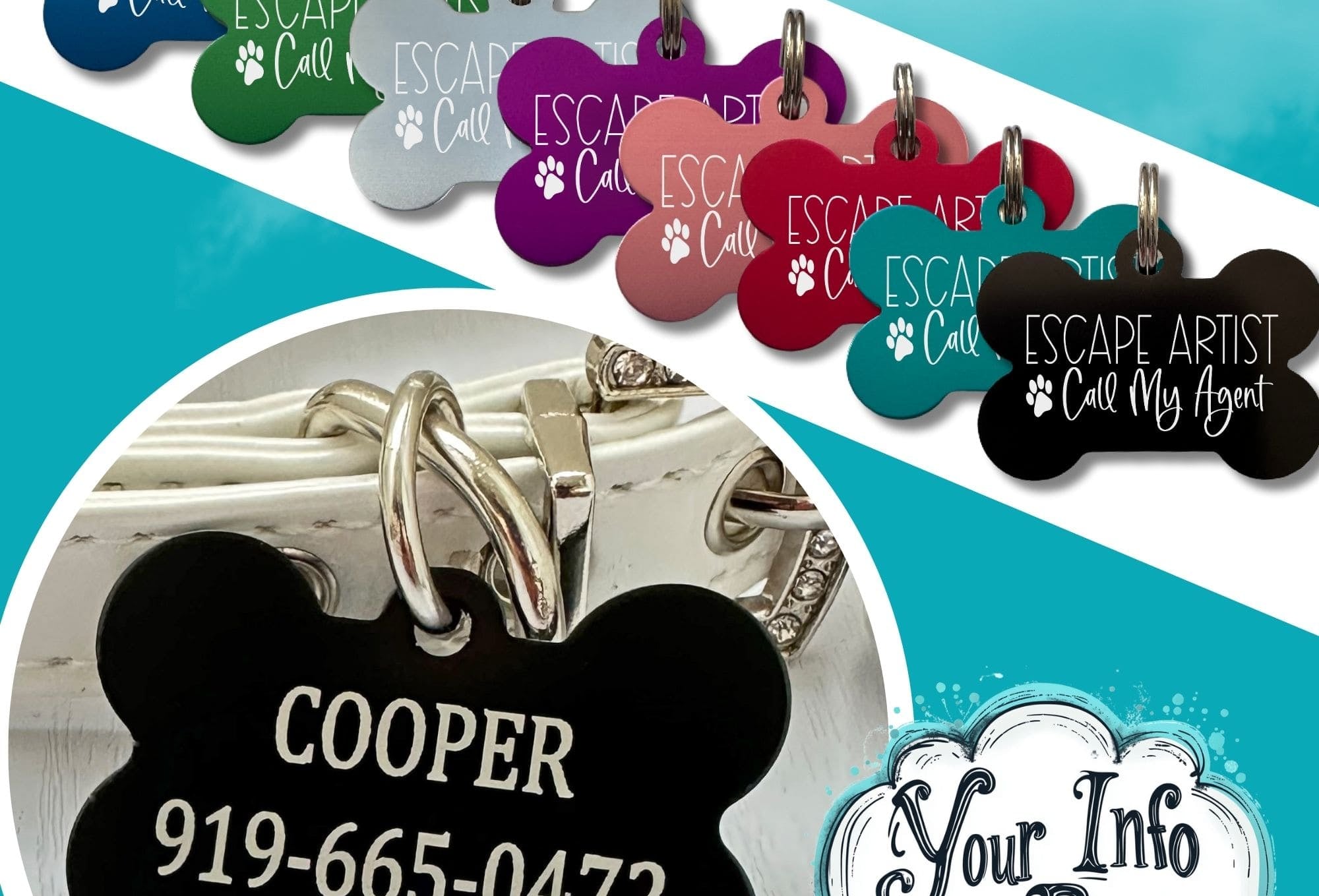 Close-up of engraved dog name tag in lightweight aluminum for pets