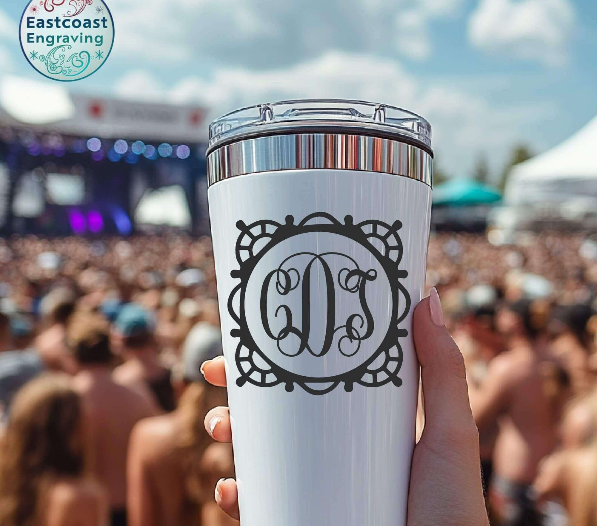 Custom monogram vinyl decal on a pink mug – perfect for personalized gifts