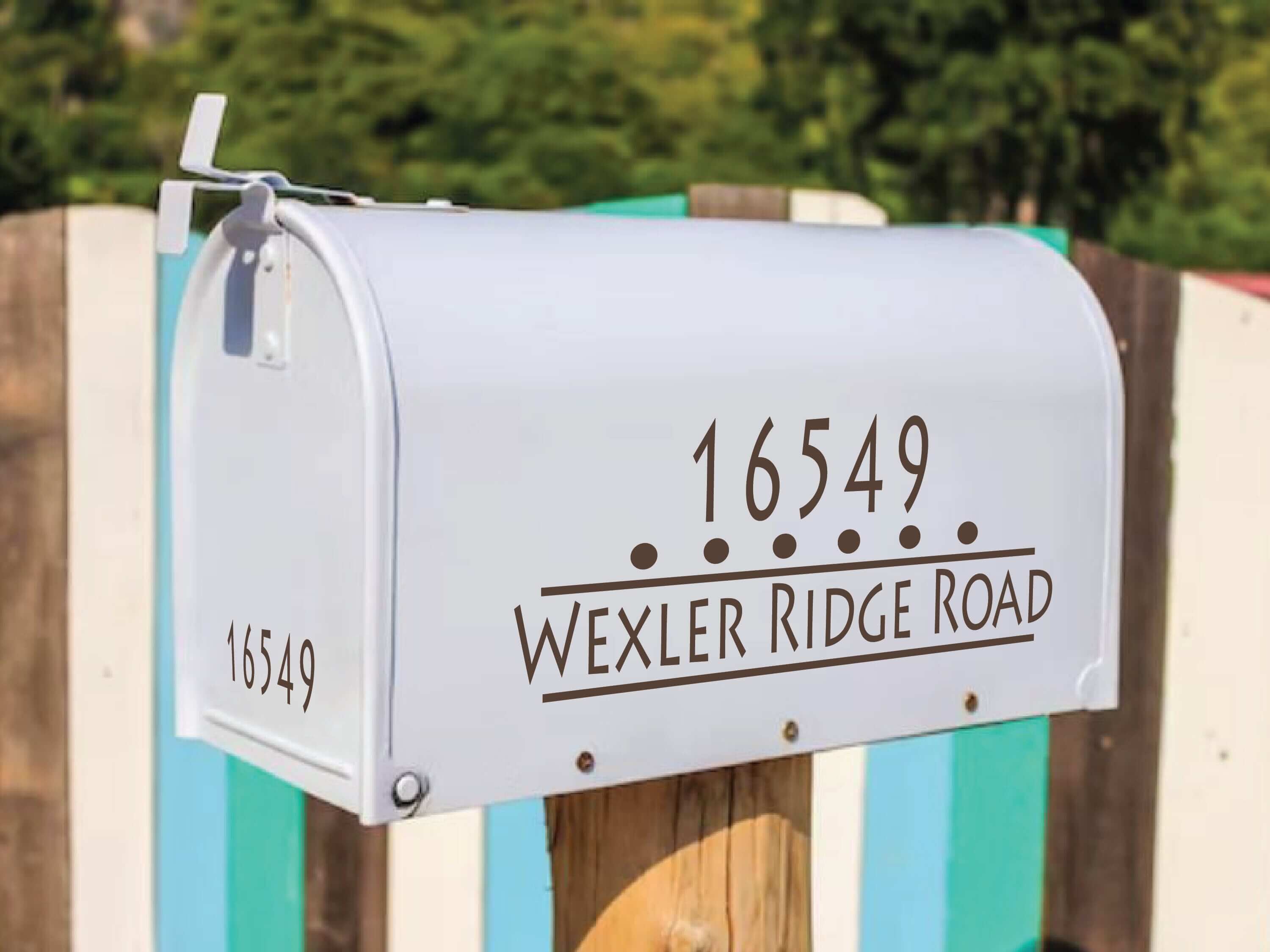 Vinyl house number and address decal applied to a white mailbox - Eastcoast Engraving
