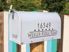 Vinyl house number and address decal applied to a white mailbox - Eastcoast Engraving