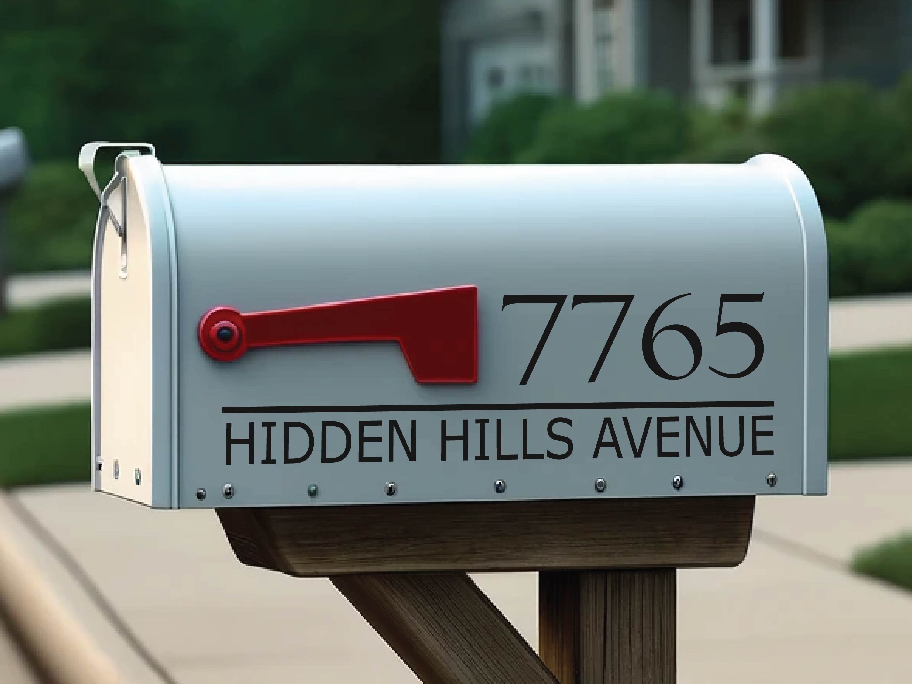 custom street name and house number decal applied to mailbox