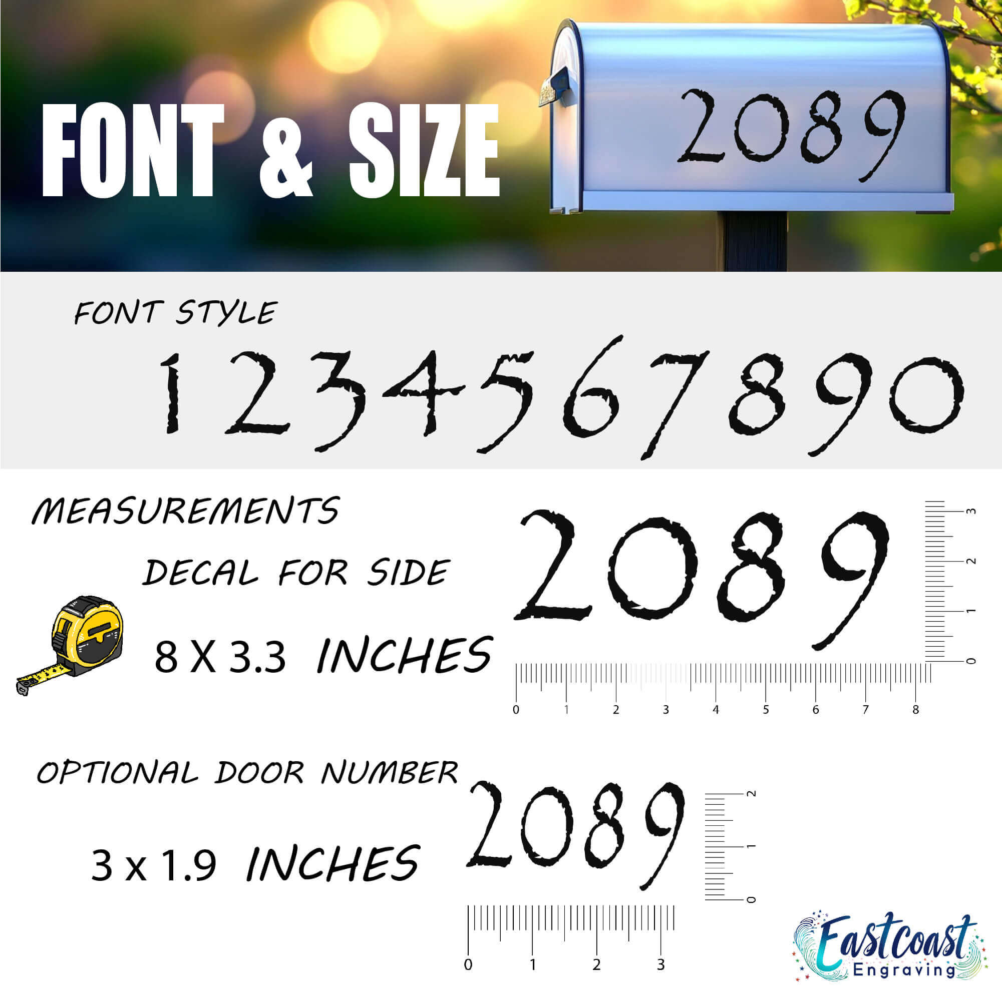 Weatherproof custom mailbox numbers decal designed to resist peeling and fading.