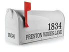 Durable mailbox address decal in weatherproof vinyl on a black mailbox