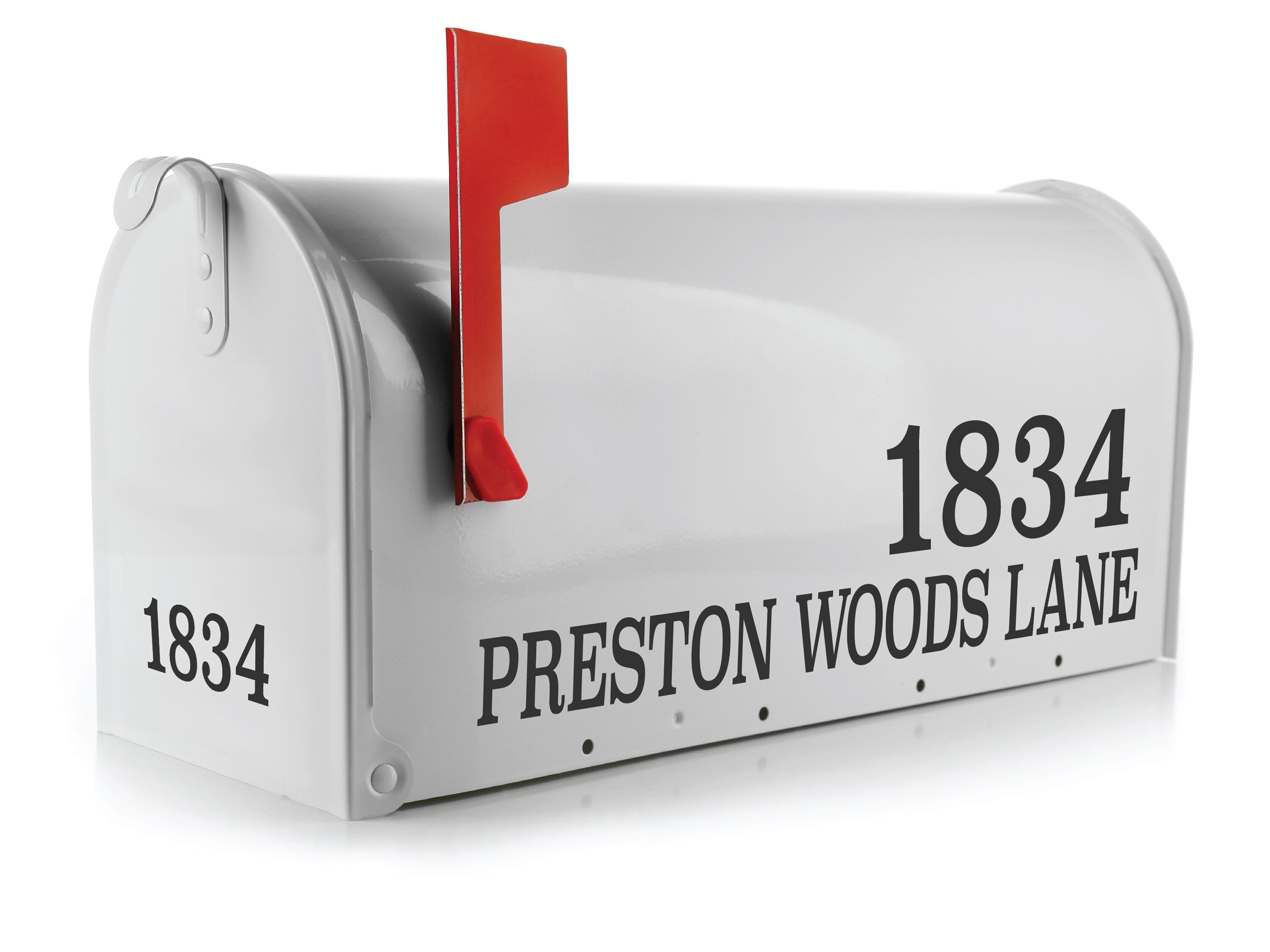 Durable mailbox address decal in weatherproof vinyl on a black mailbox