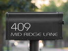 Custom mailbox decal showing bold house number and street name on white mailbox - Eastcoast Engraving
